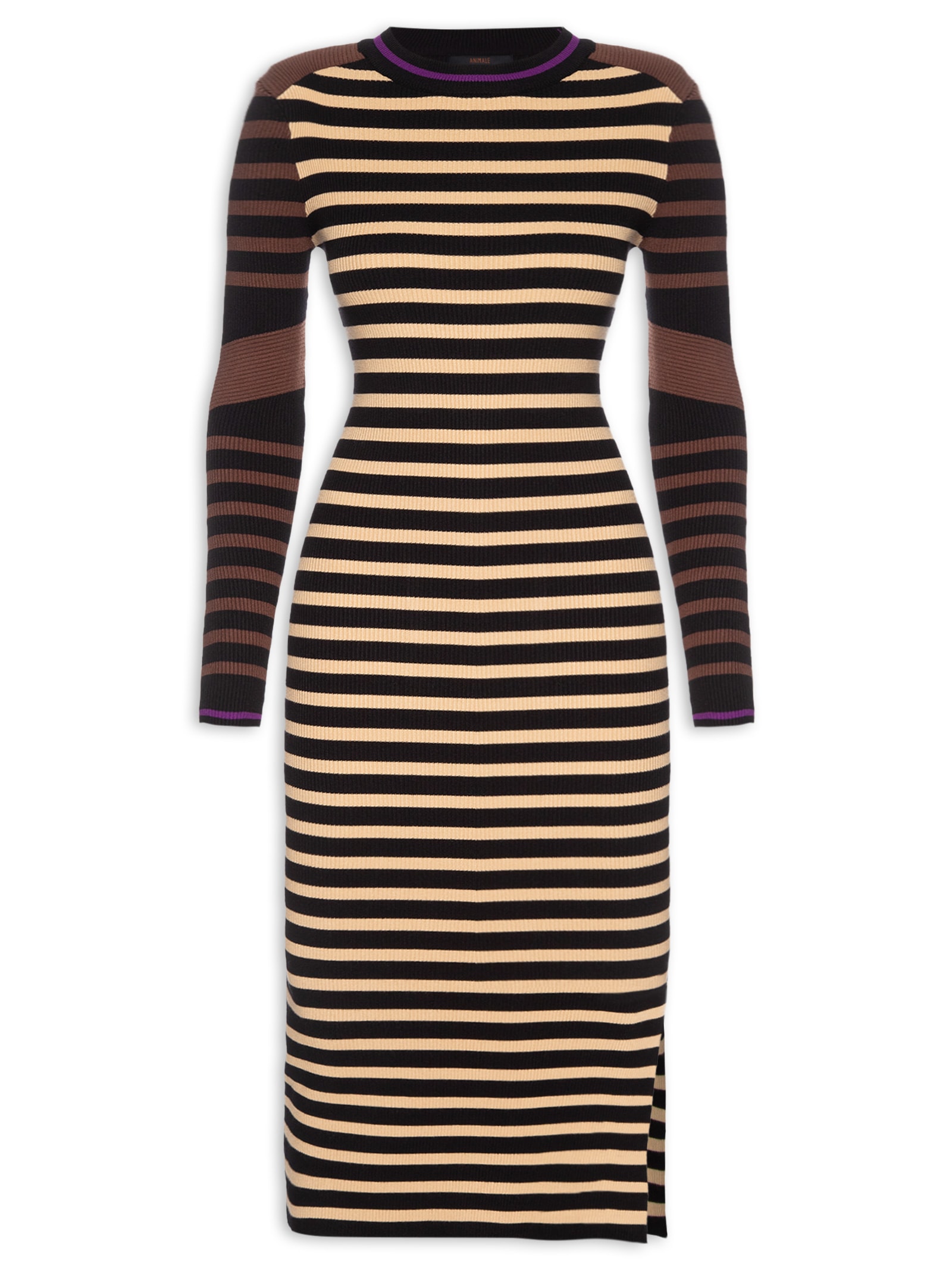 Vestido De Tricot Midi Mix Listras Colors Preto Animale