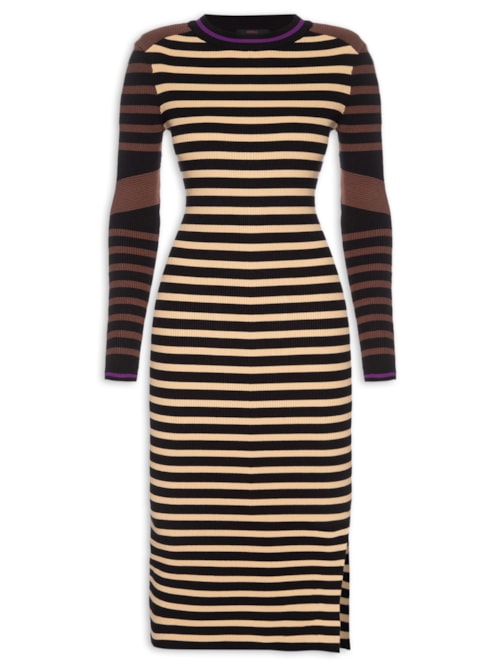 Vestido De Tricot Midi Mix Listras Colors - Preto