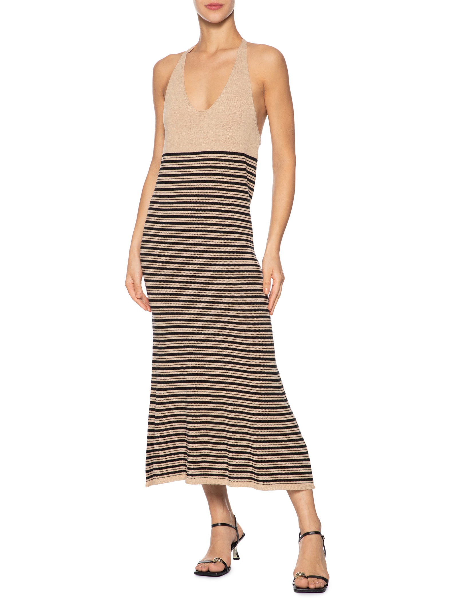 Vestido de tricot mix linho com listra Bege Animale
