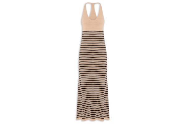 Vestido de tricot mix linho com listra - Bege