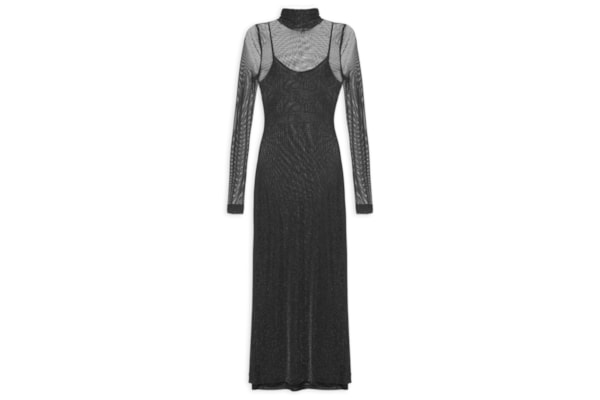 Vestido De Tule Com Glitter Midi - Preto