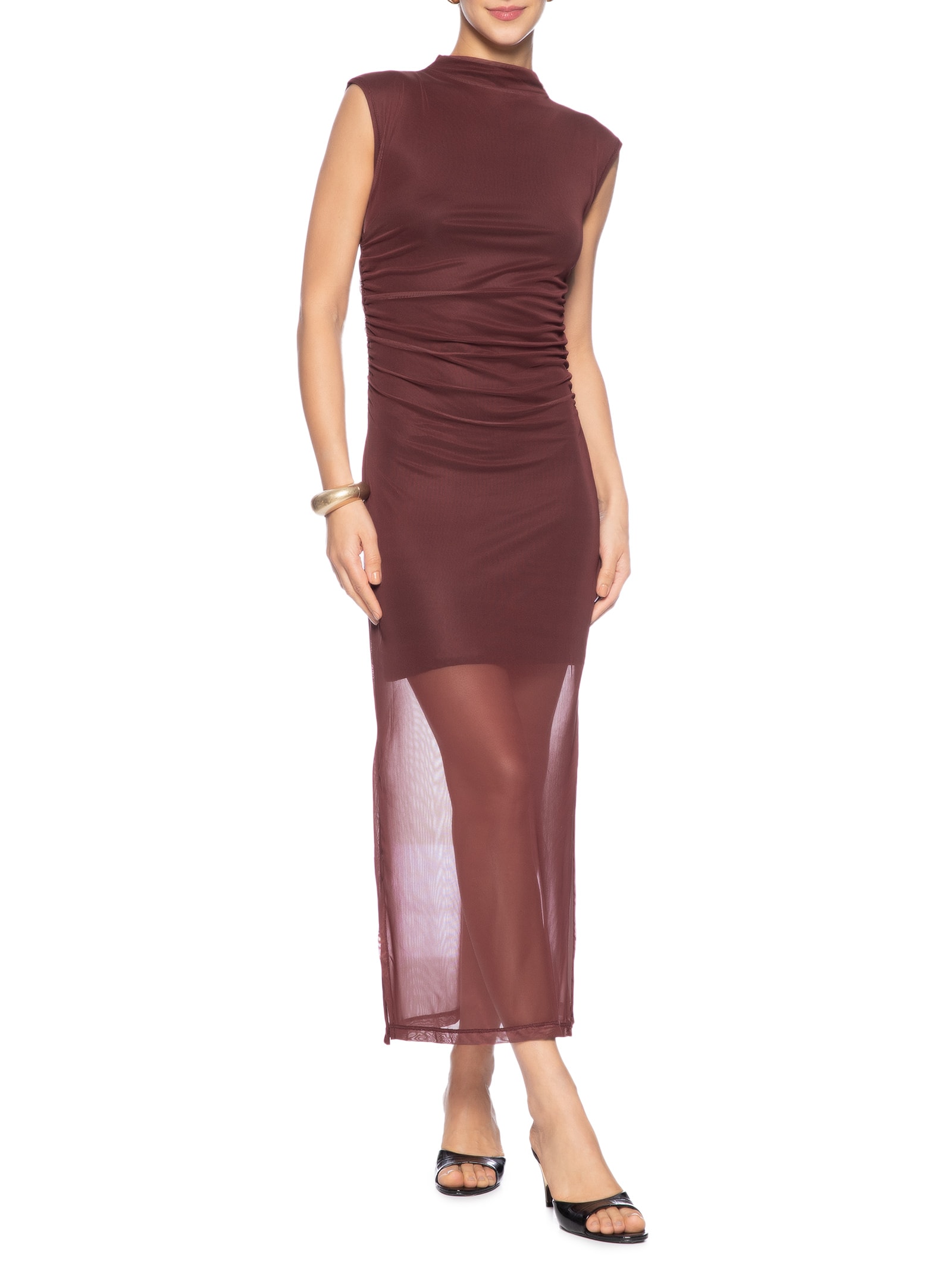 Vestido De Tule Midi Franzidos Marrom  Animale Jeans