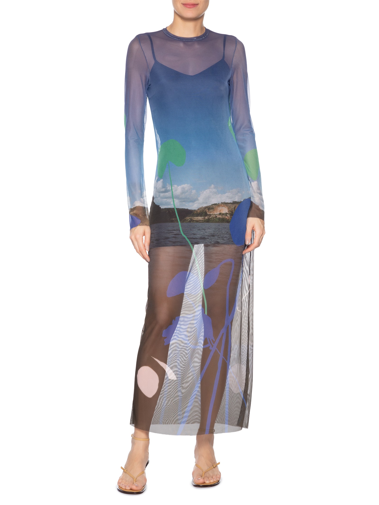 Vestido De Tule Midi Paisagem Azul Animale