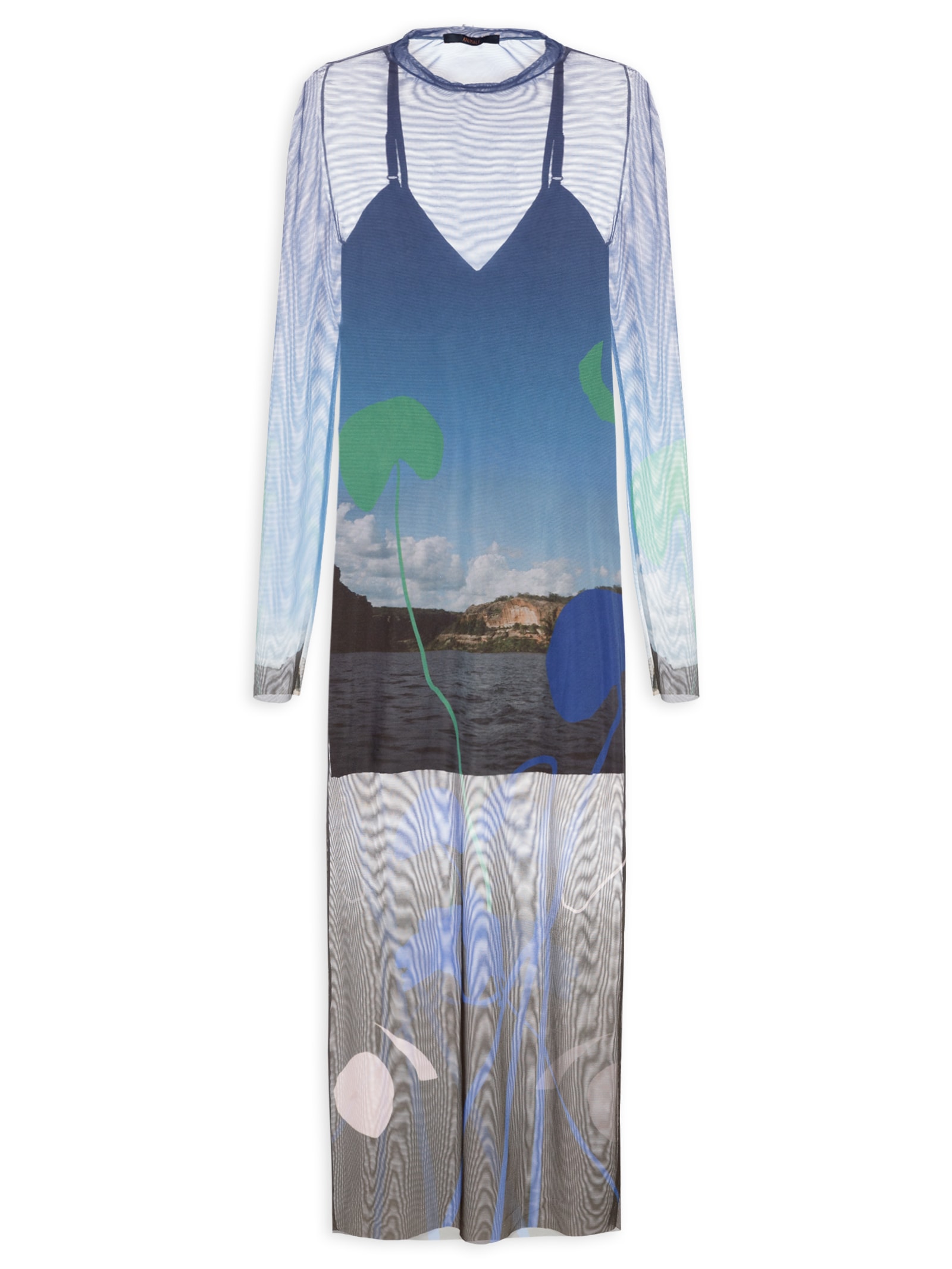 Vestido De Tule Midi Paisagem Azul Animale