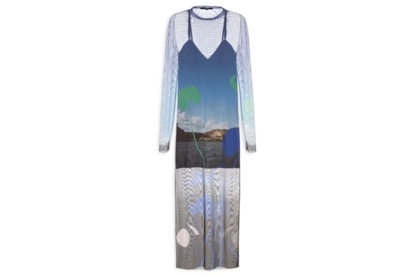 Vestido De Tule Midi Paisagem - Azul