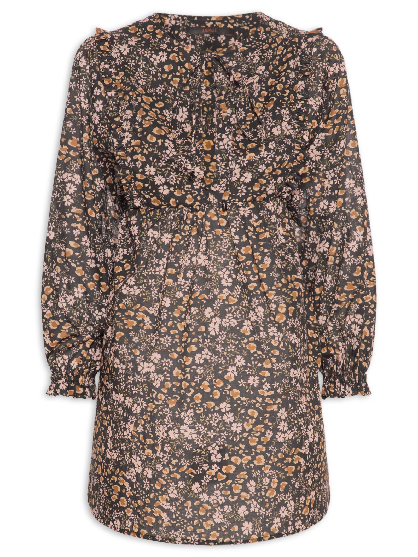 Vestido De Voil De Algodão Curto Boho Estampado Preto Animale