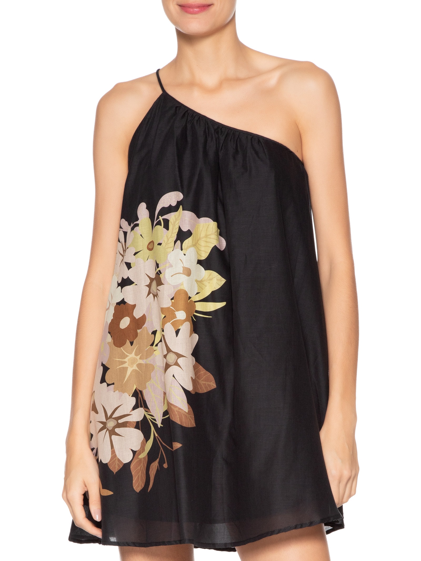 Vestido De Voil De Algodão Ombro Só Curto Estampado Preto Animale