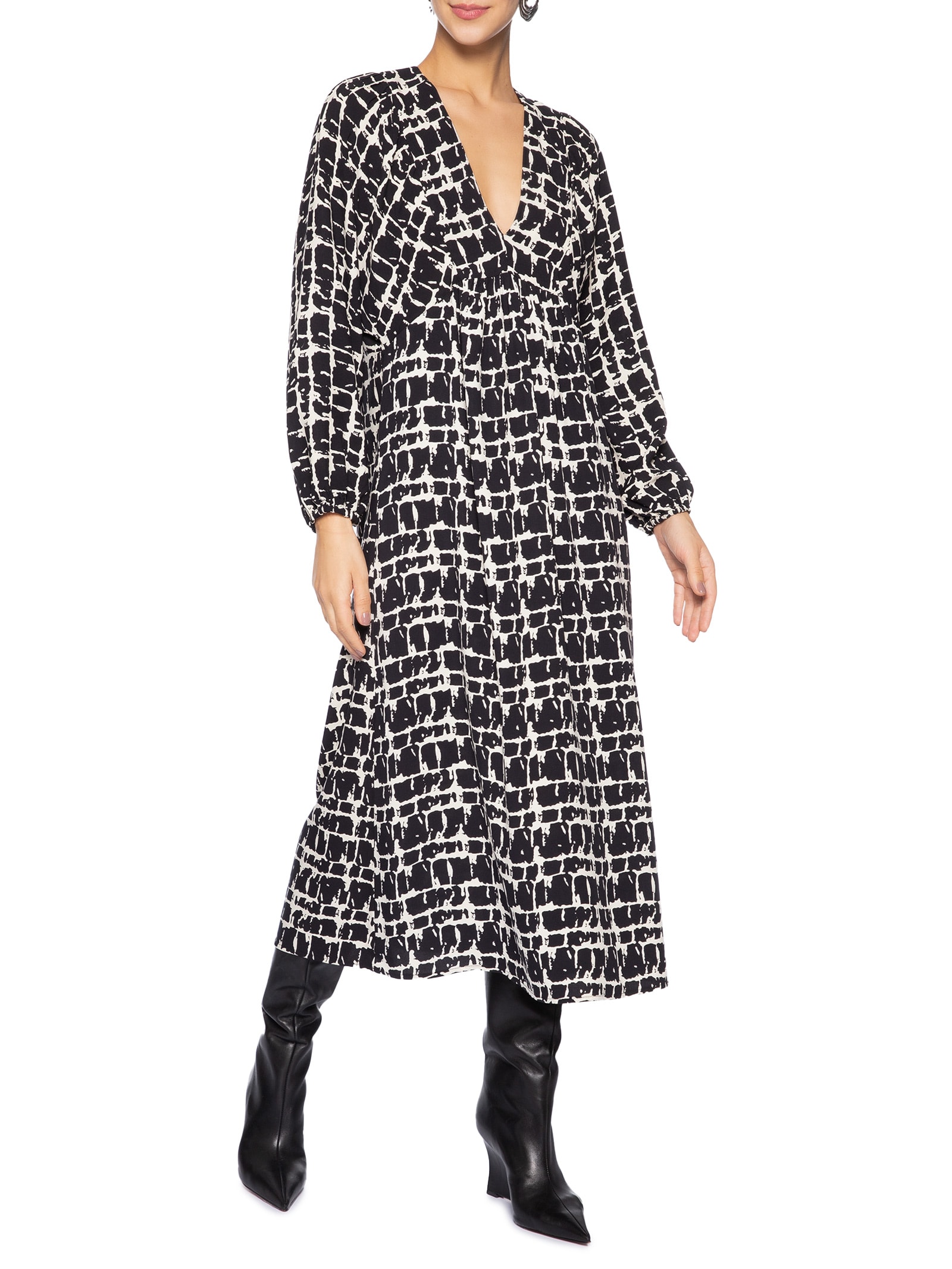 Vestido Decote Atado Textura Xadrez Preto Animale