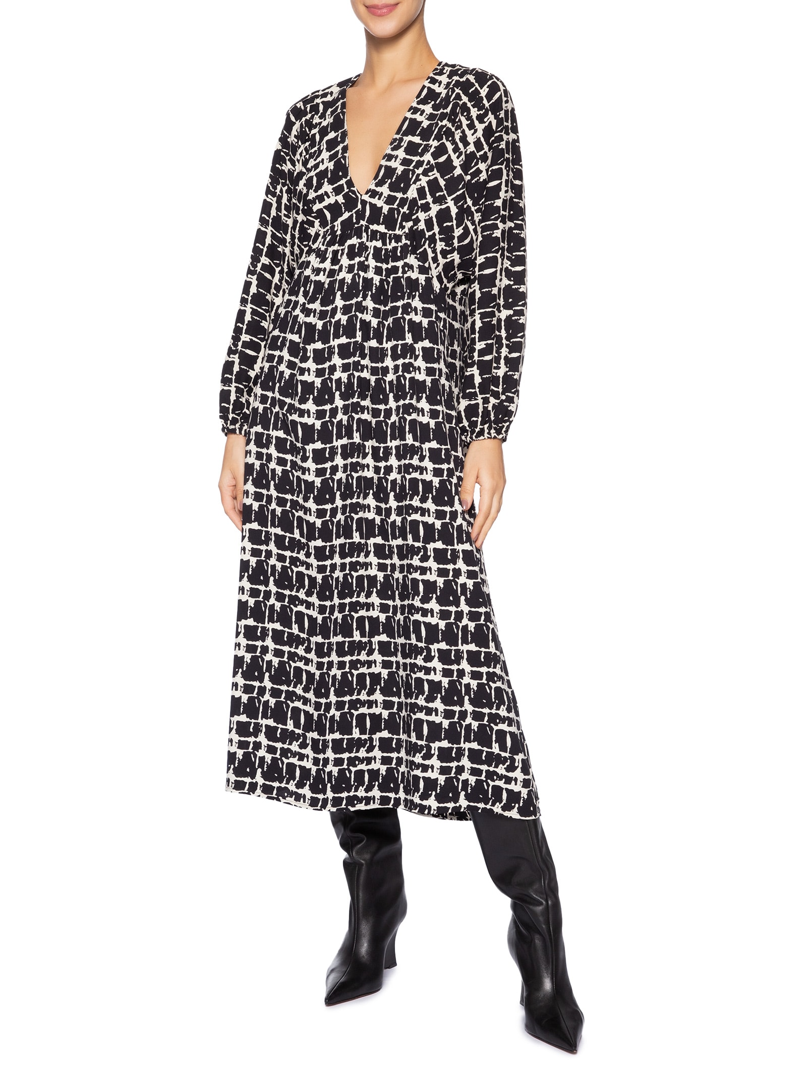 Vestido Decote Atado Textura Xadrez Preto Animale
