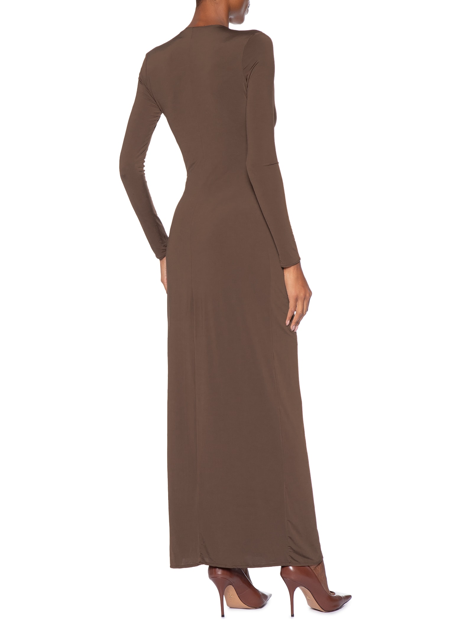 Vestido Decote Franzido Jersey Marrom Animale