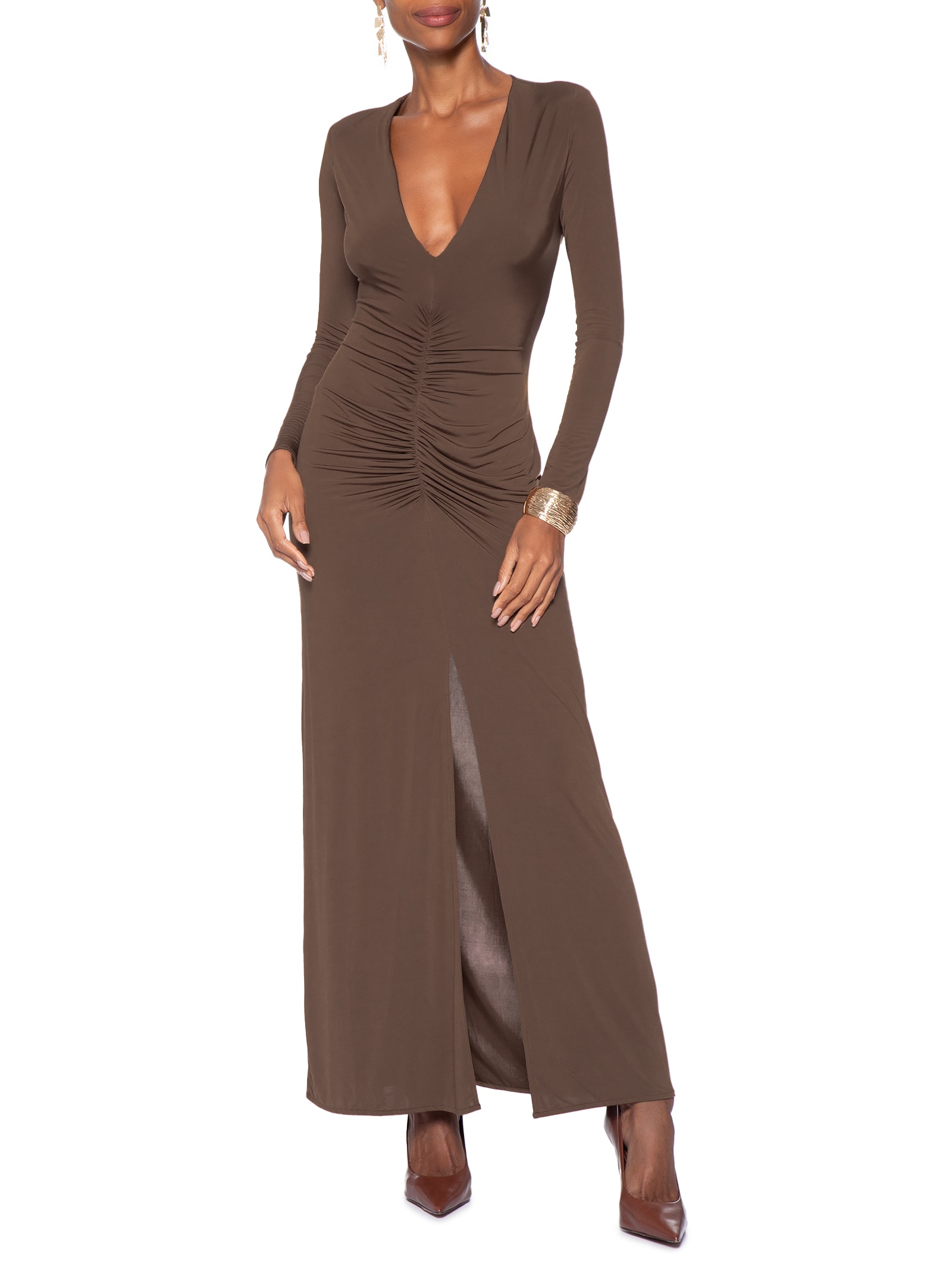 Vestido Decote Franzido Jersey – Marrom Animale