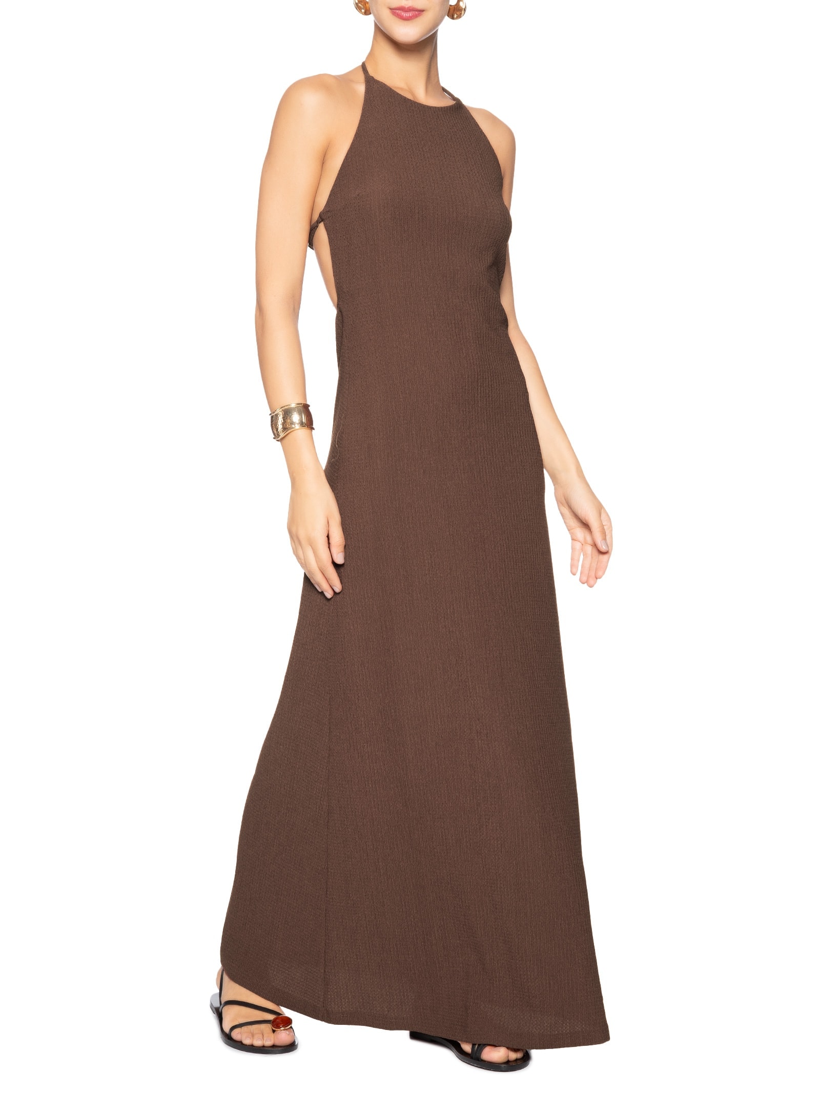 Vestido Decote Frente Única Marrom Farm