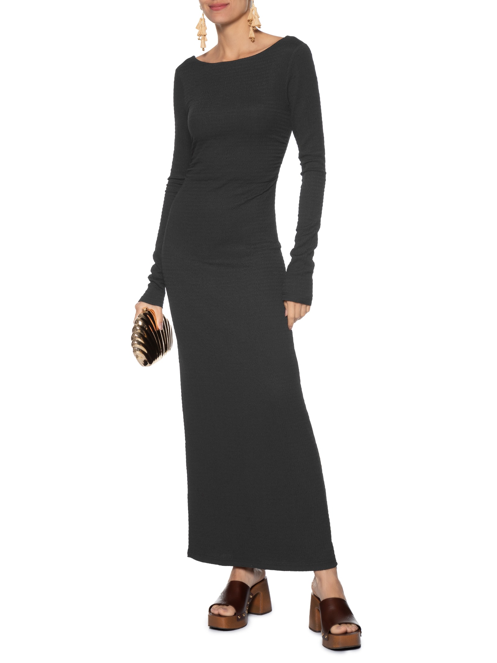 Vestido Decote Manga Longa Preto Farm