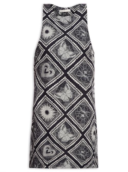 Vestido Decote Nadador Estampa Selos – Preto