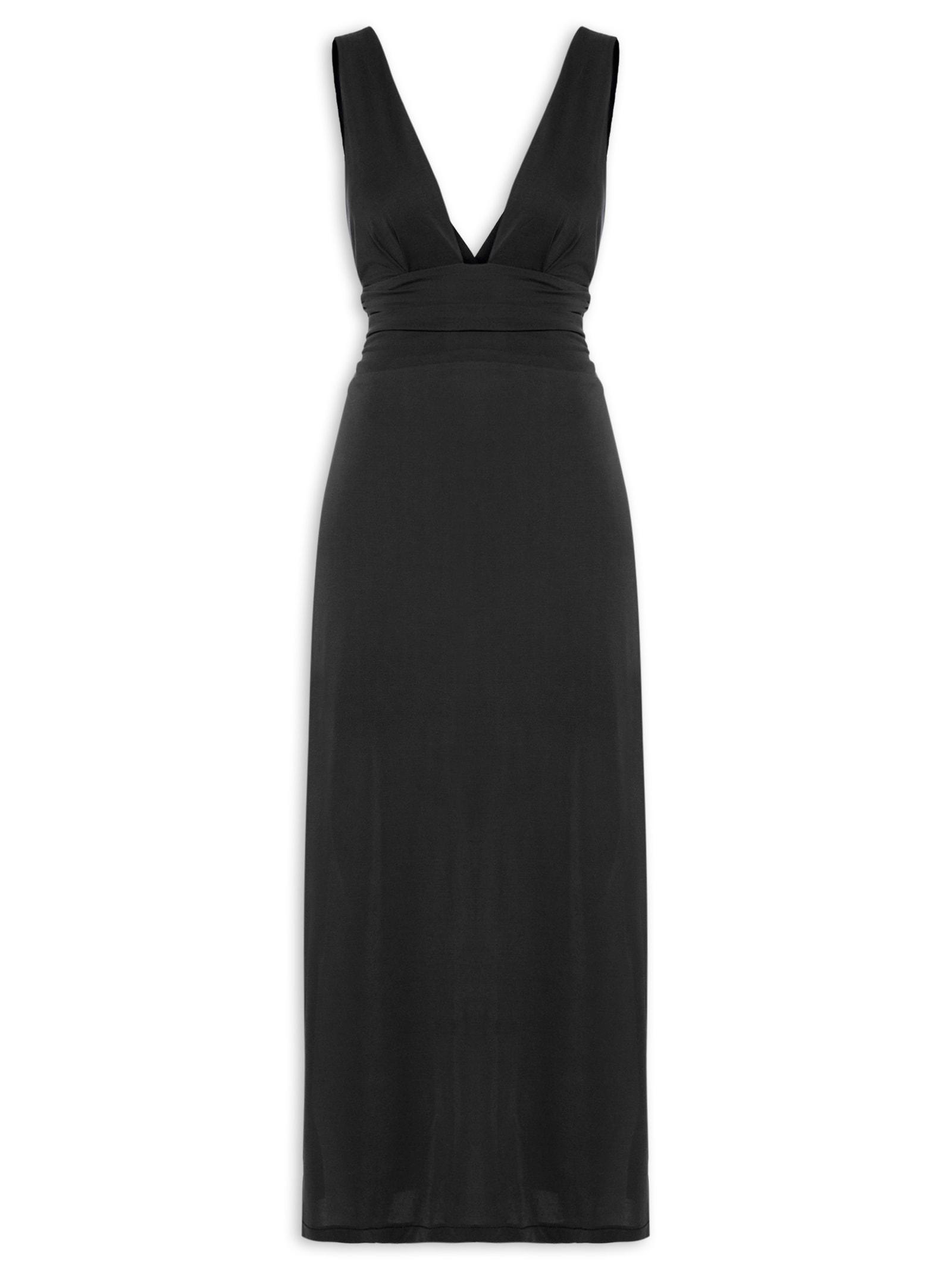 Vestido Decote Profundo Pala Franzida Preto Maria Filó