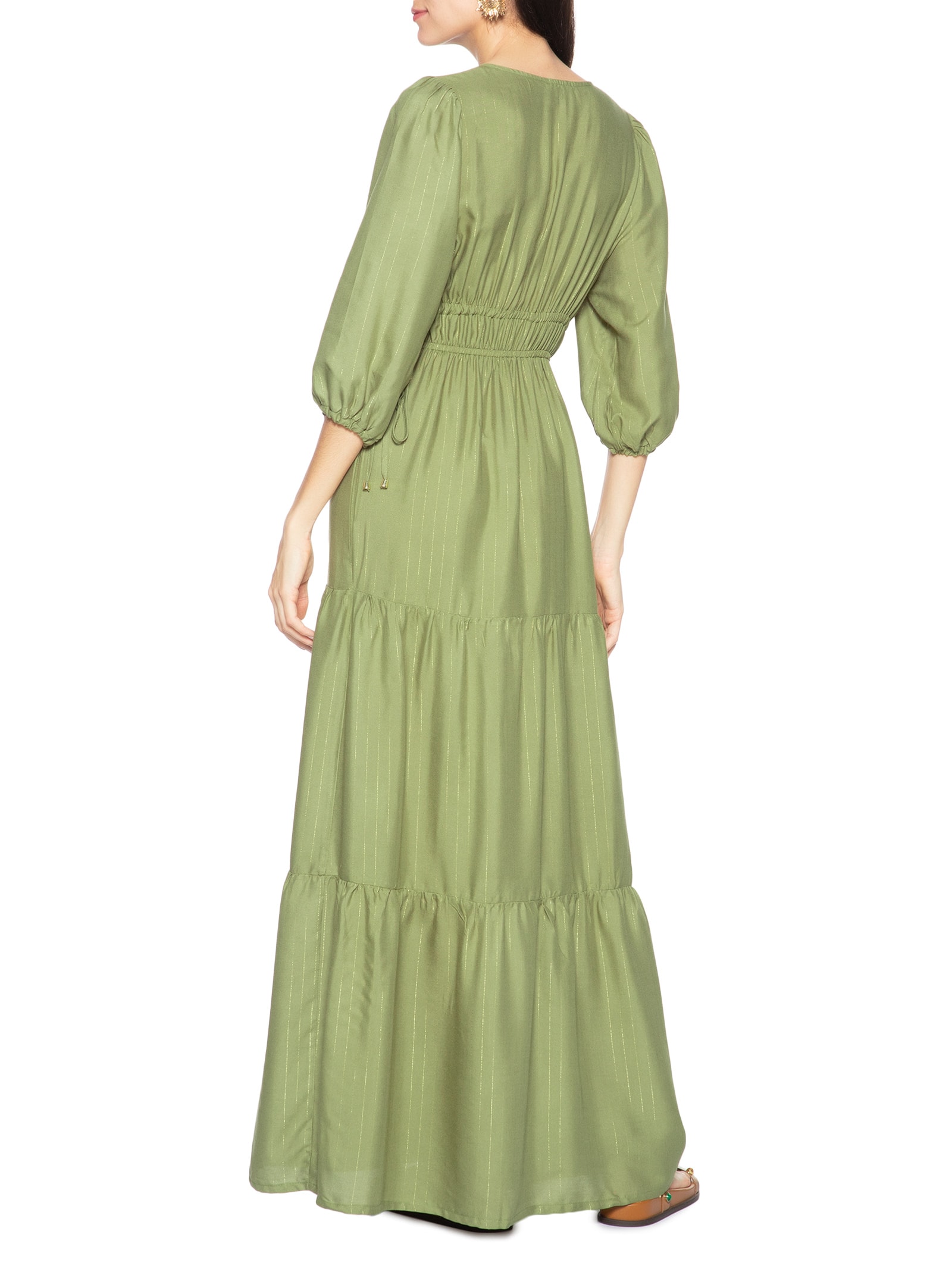 Vestido Decote V Com Mangas Bufantes Verde Cacay