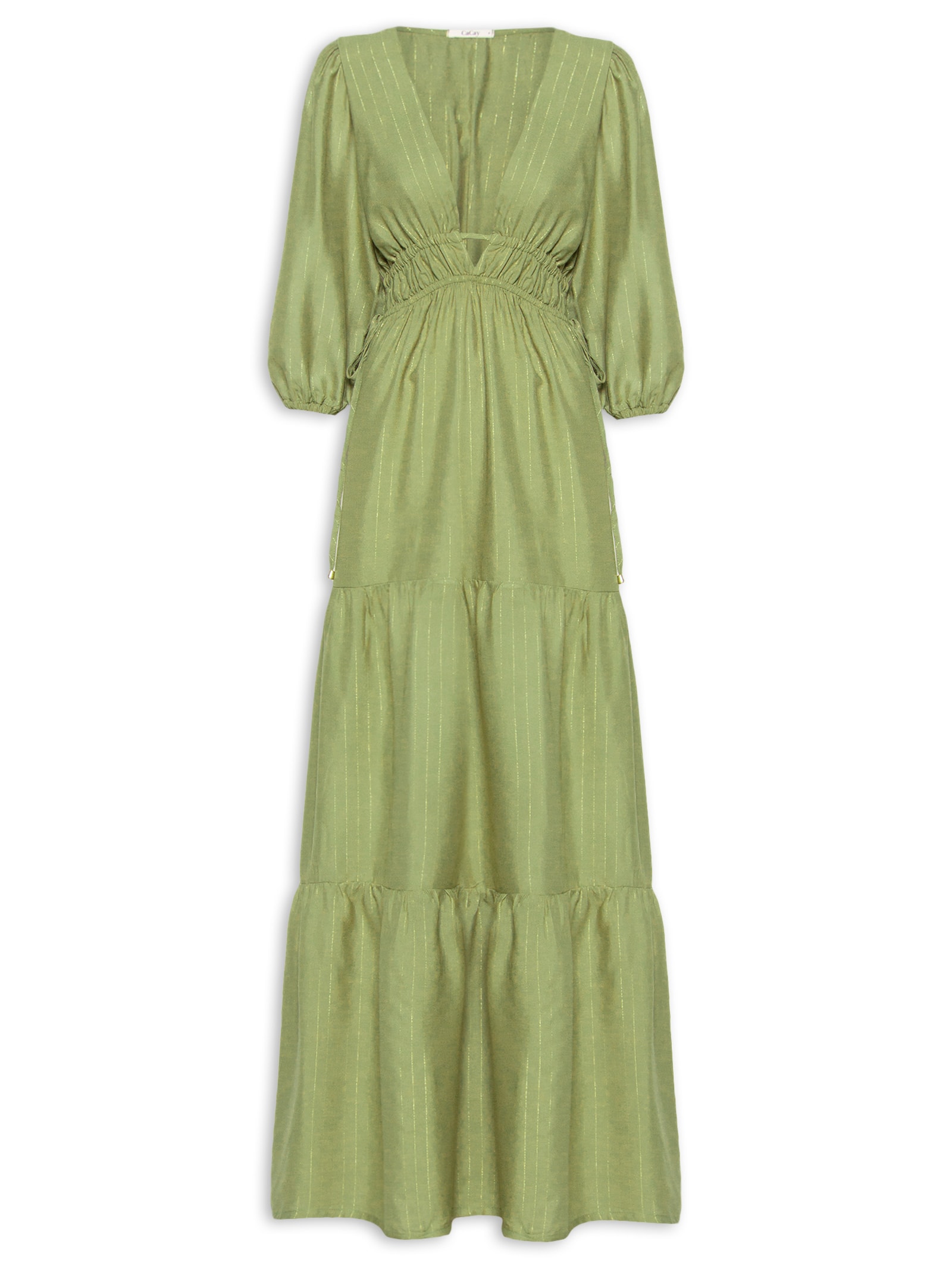 Vestido Decote V Com Mangas Bufantes Verde Cacay