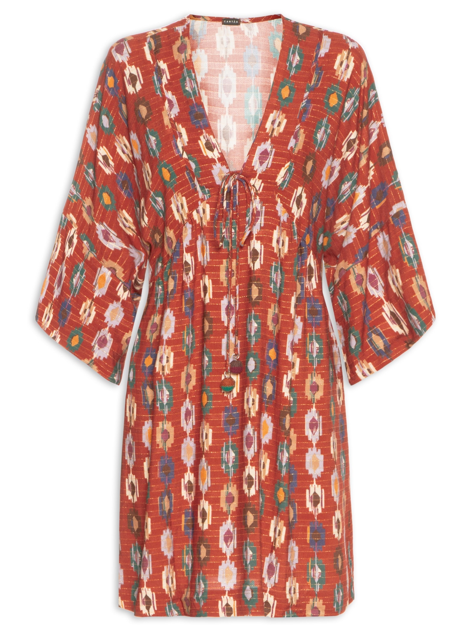 Vestido Decote V Estampa Morada Laranja Cantão