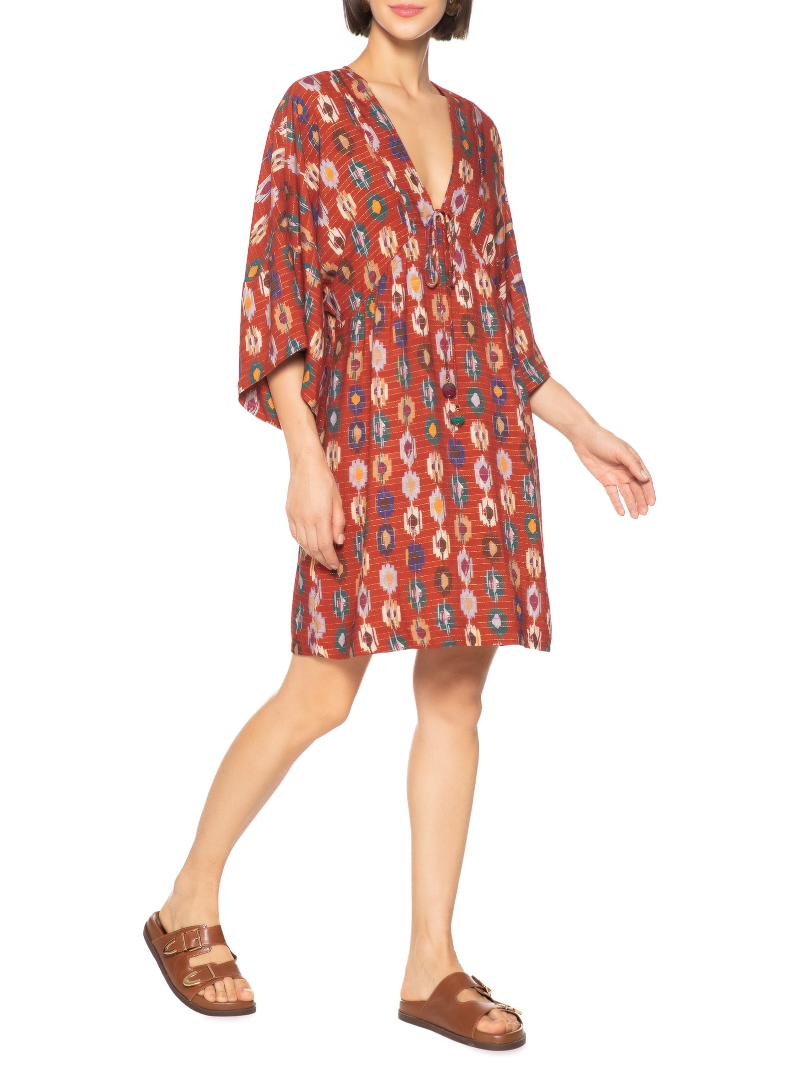 Vestido Decote V Estampa Morada Laranja Cantão