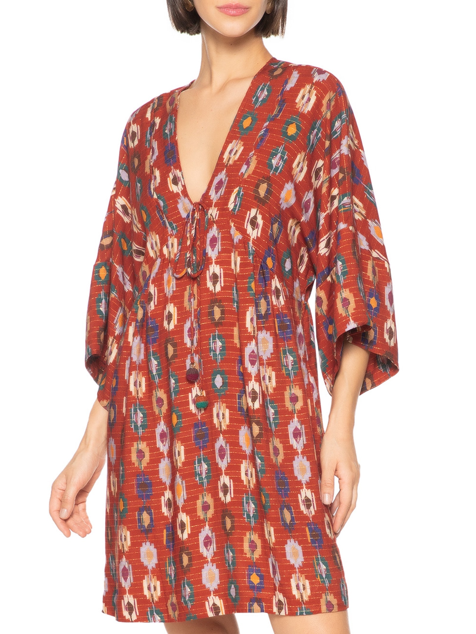 Vestido Decote V Estampa Morada Laranja Cantão