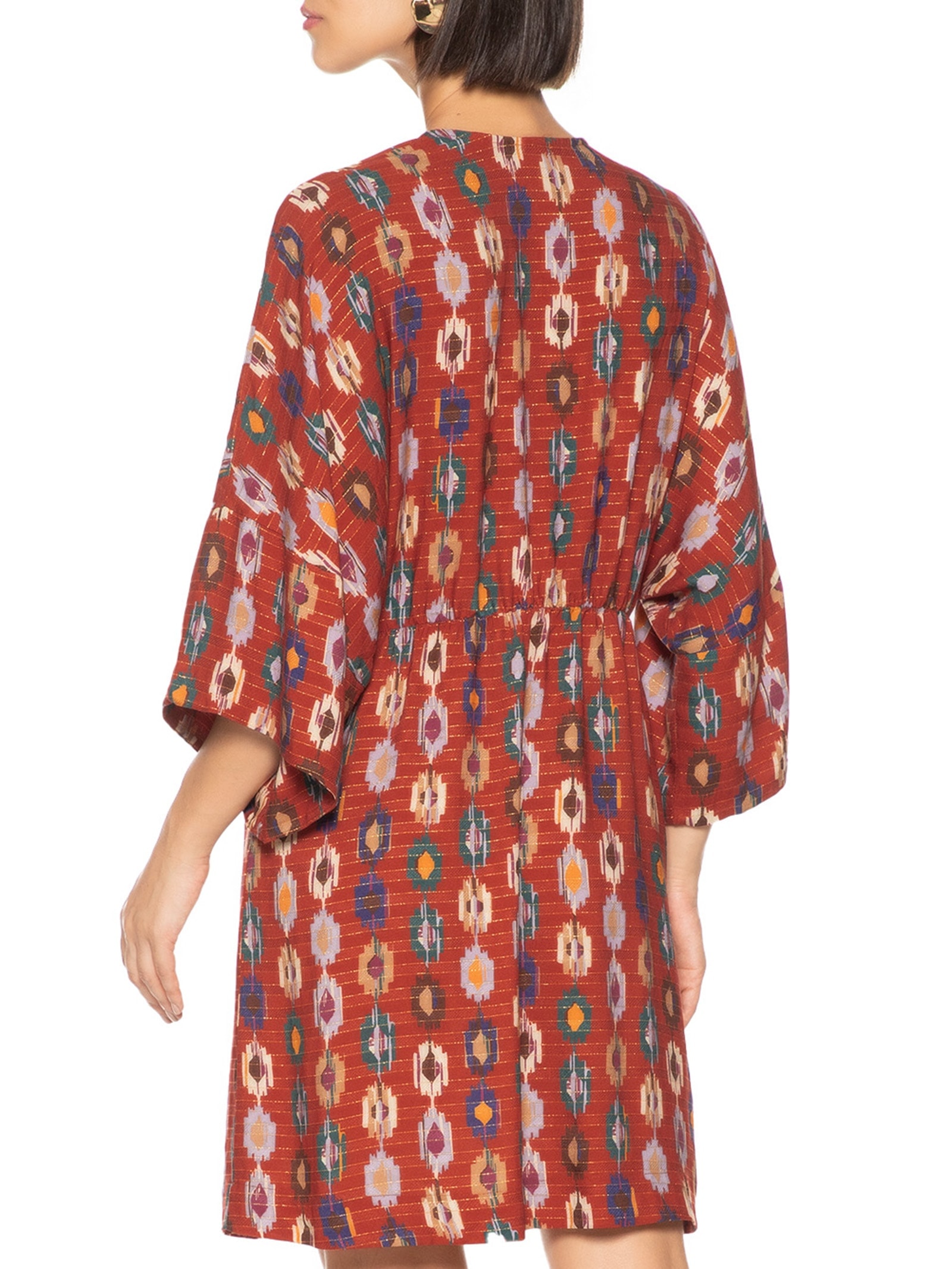 Vestido Decote V Estampa Morada Laranja Cantão