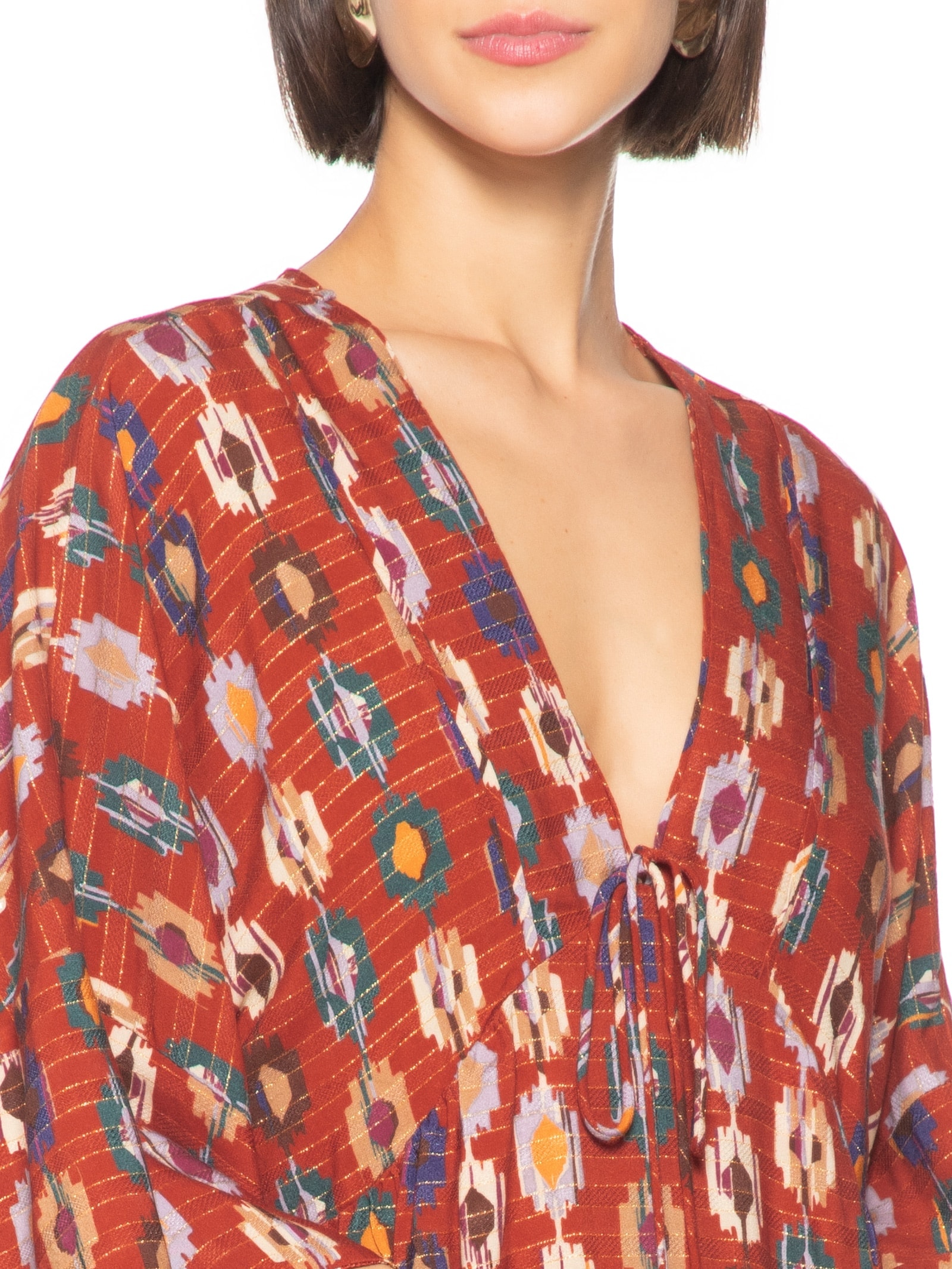 Vestido Decote V Estampa Morada Laranja Cantão