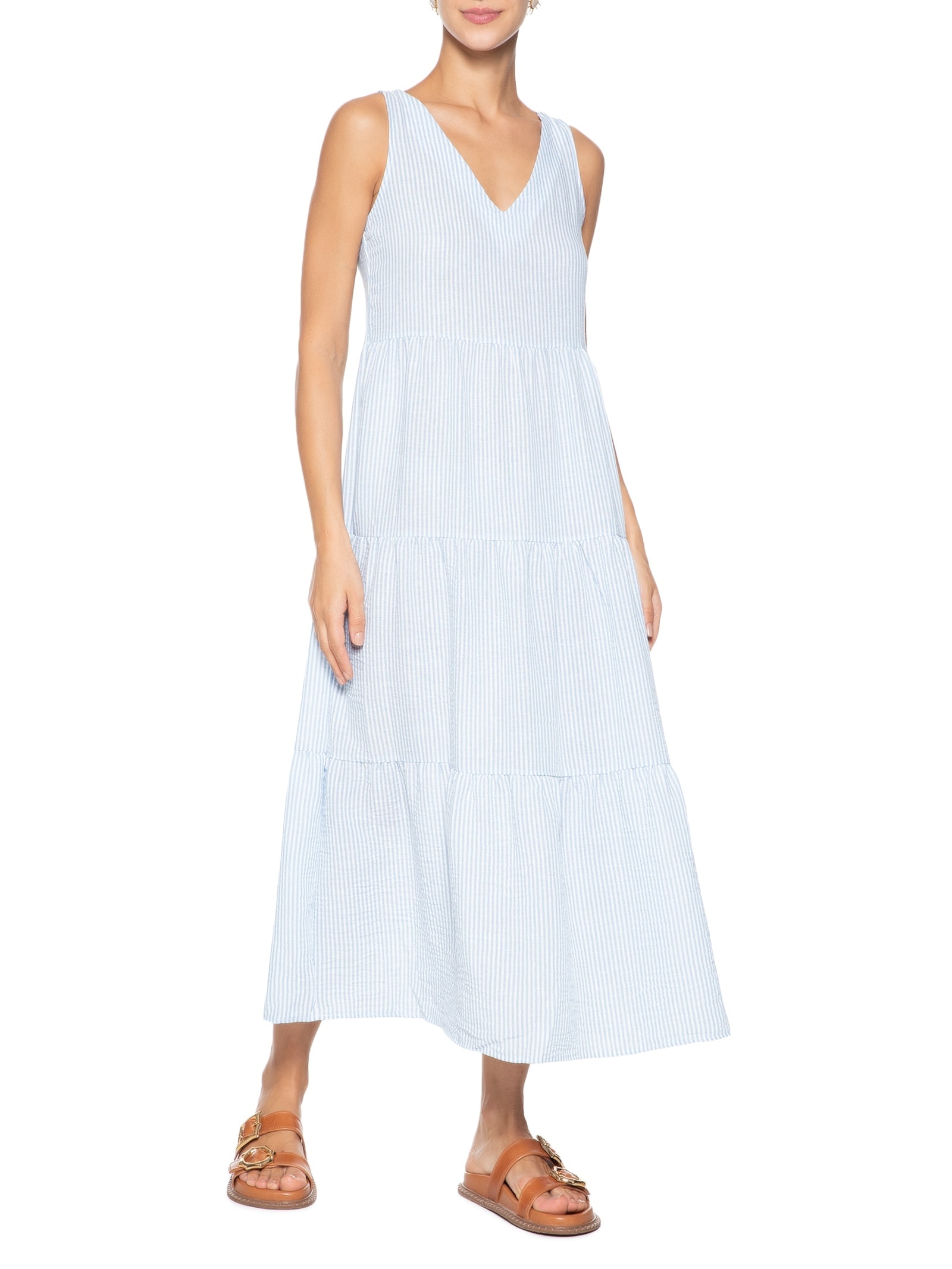 Vestido Decote V Listrado Azul Basiq