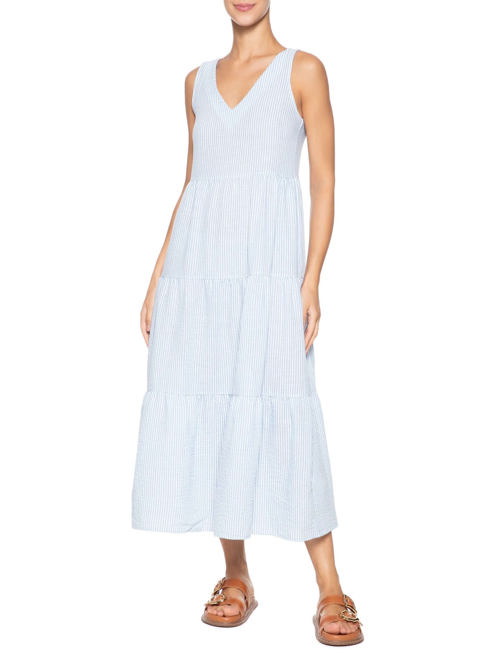 Vestido Decote V Listrado Azul Basiq