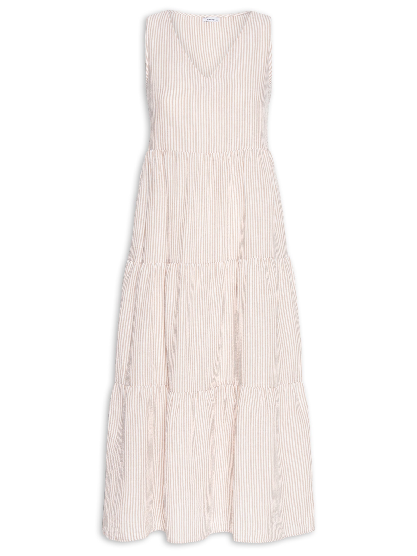 Vestido Decote V Listrado Bege Basiq