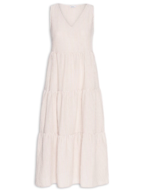 Vestido Decote V Listrado – Bege