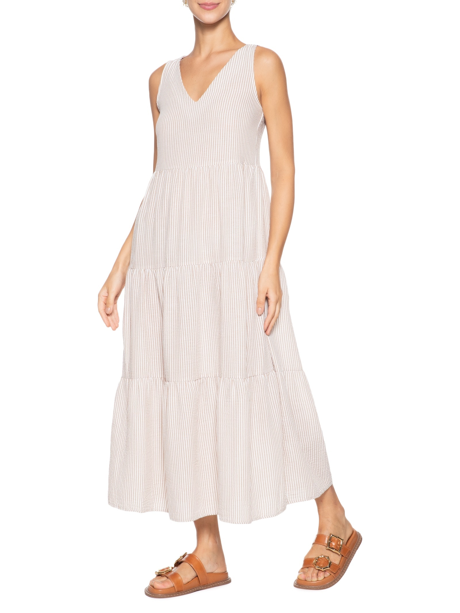 Vestido Decote V Listrado Bege Basiq