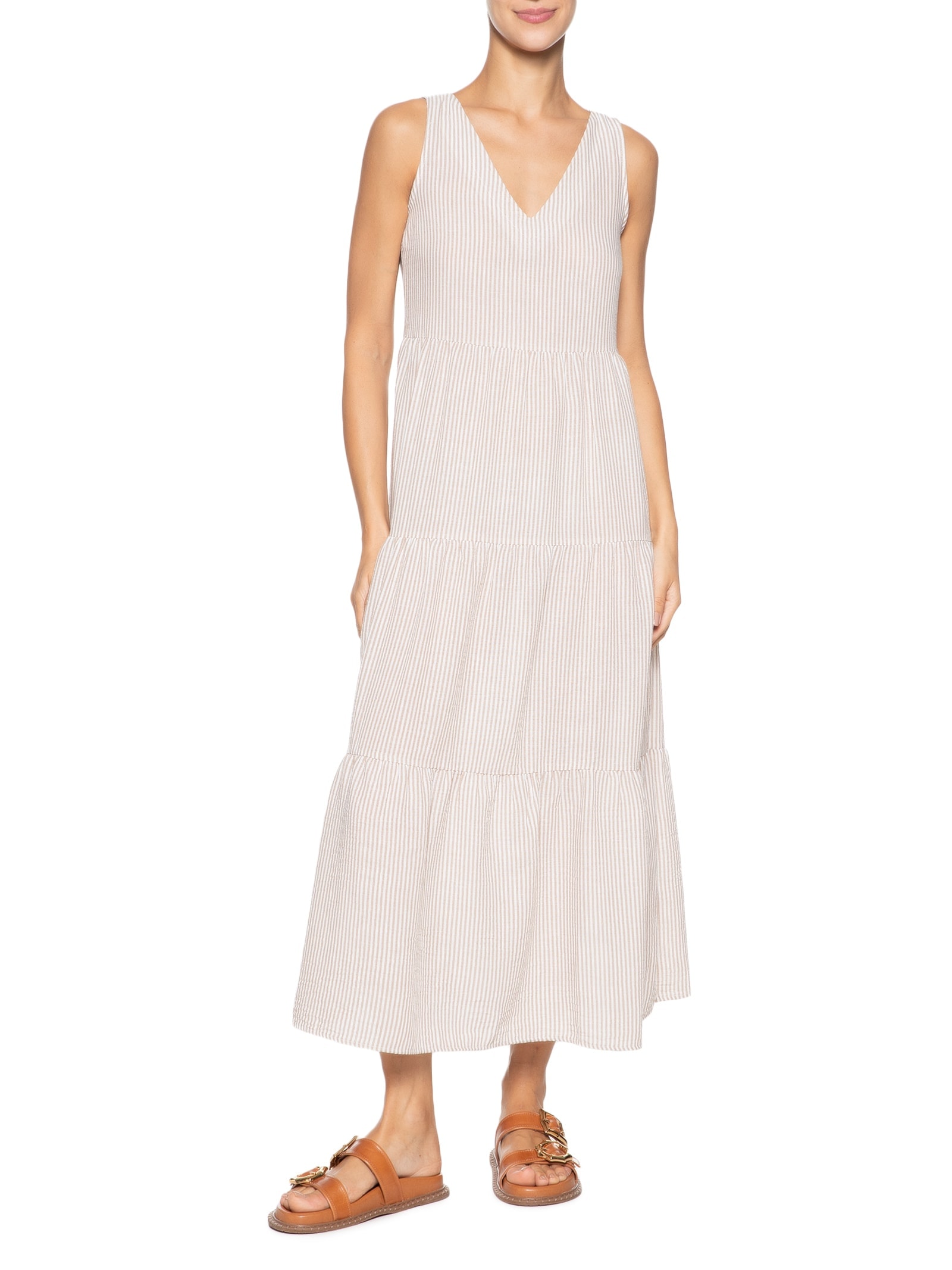 Vestido Decote V Listrado Bege Basiq