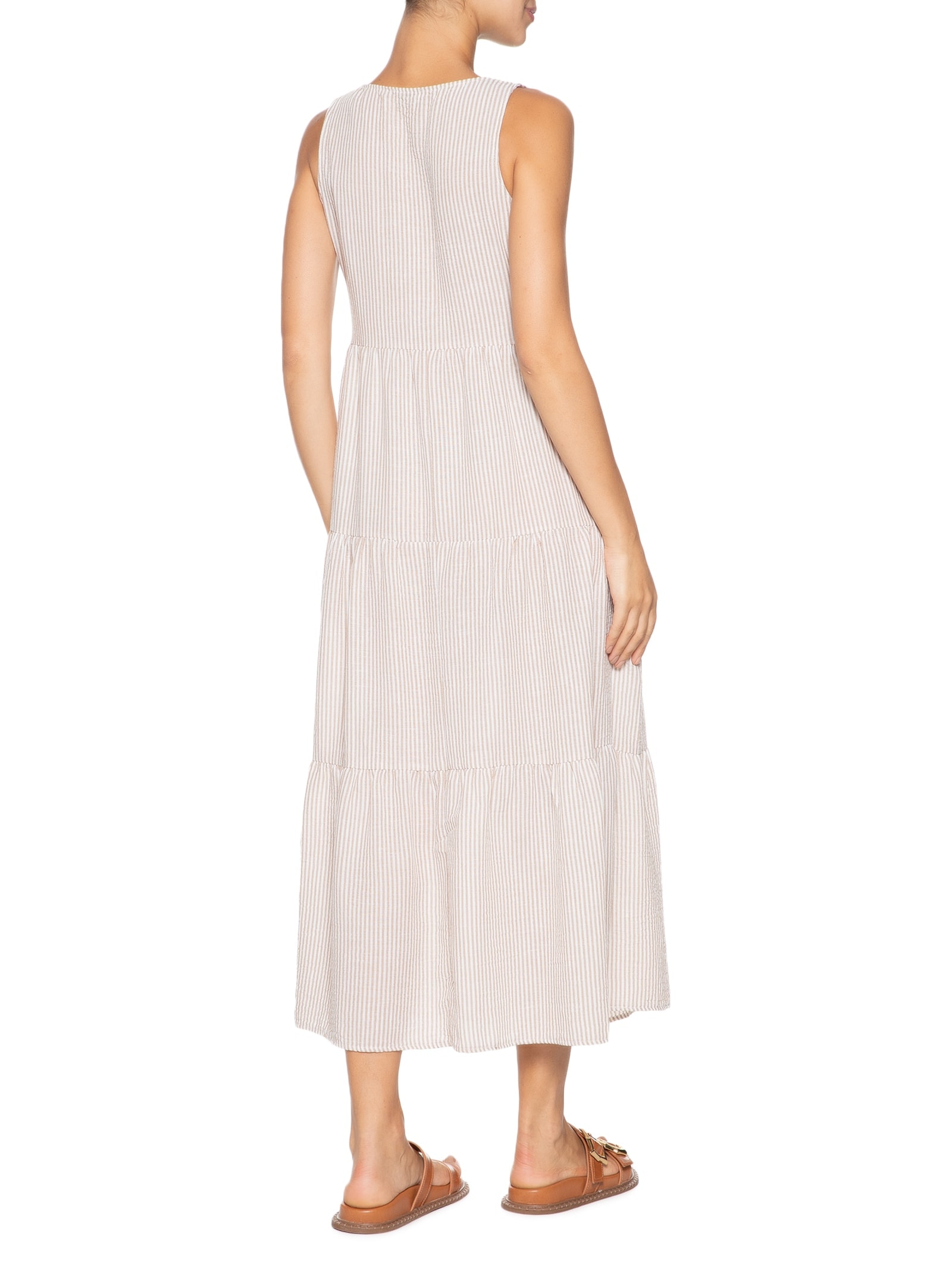 Vestido Decote V Listrado Bege Basiq