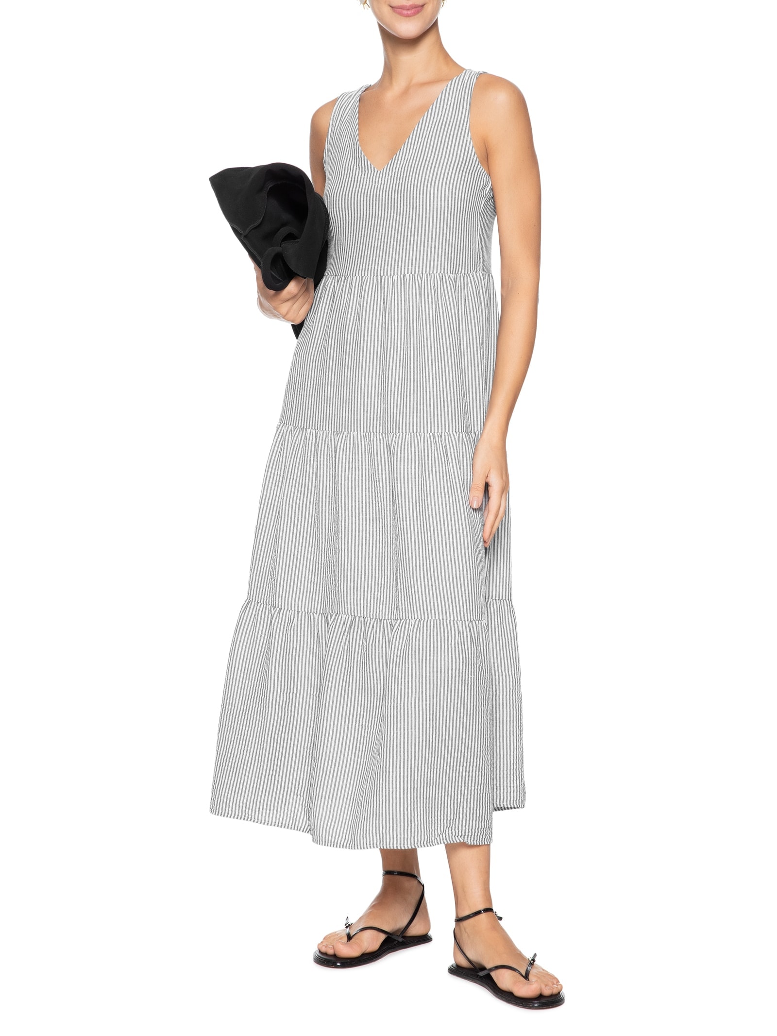 Vestido Decote V Listrado Preto Basiq