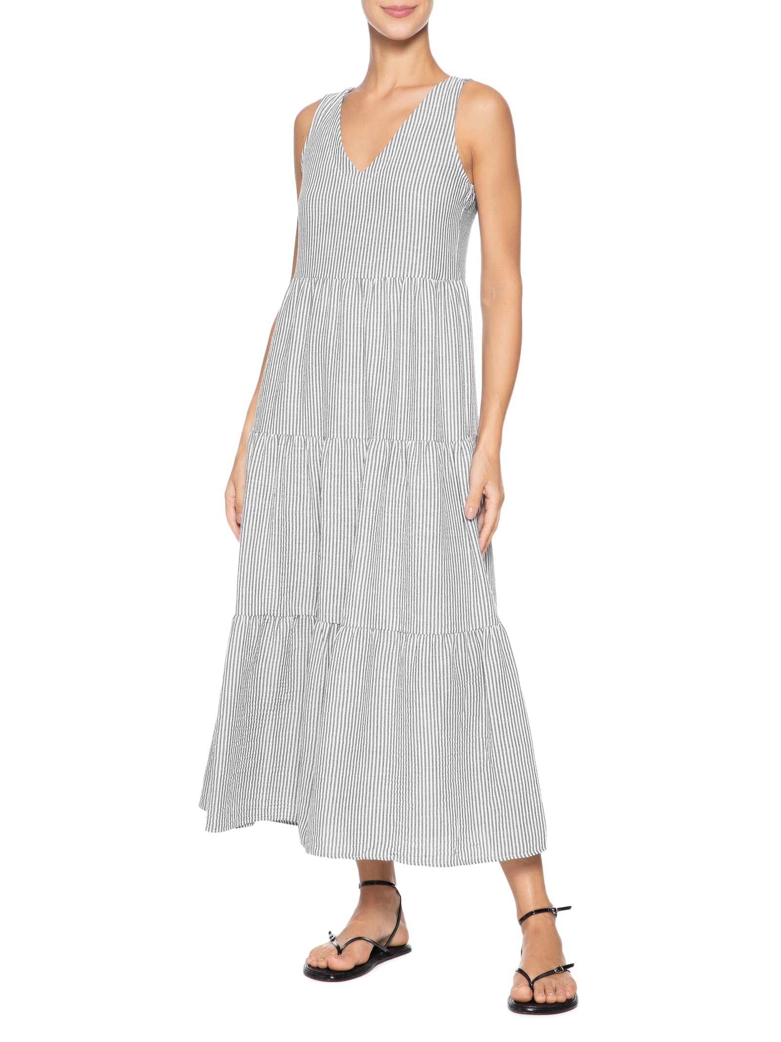 Vestido Decote V Listrado Preto Basiq