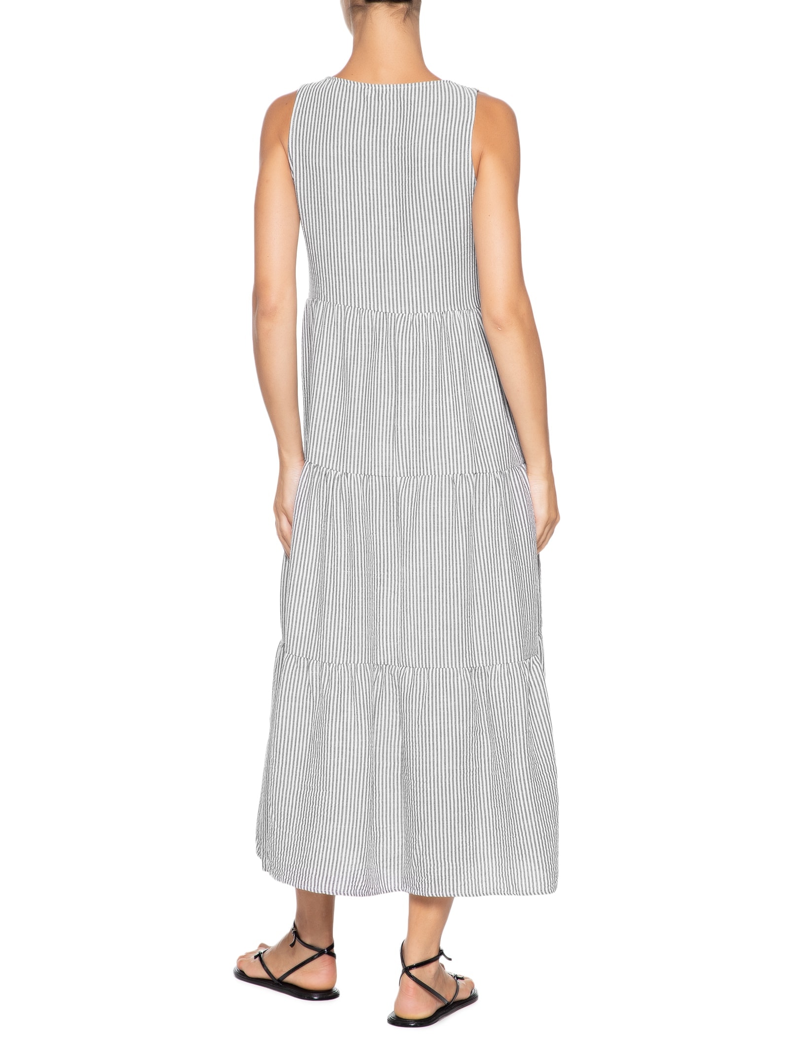 Vestido Decote V Listrado Preto Basiq