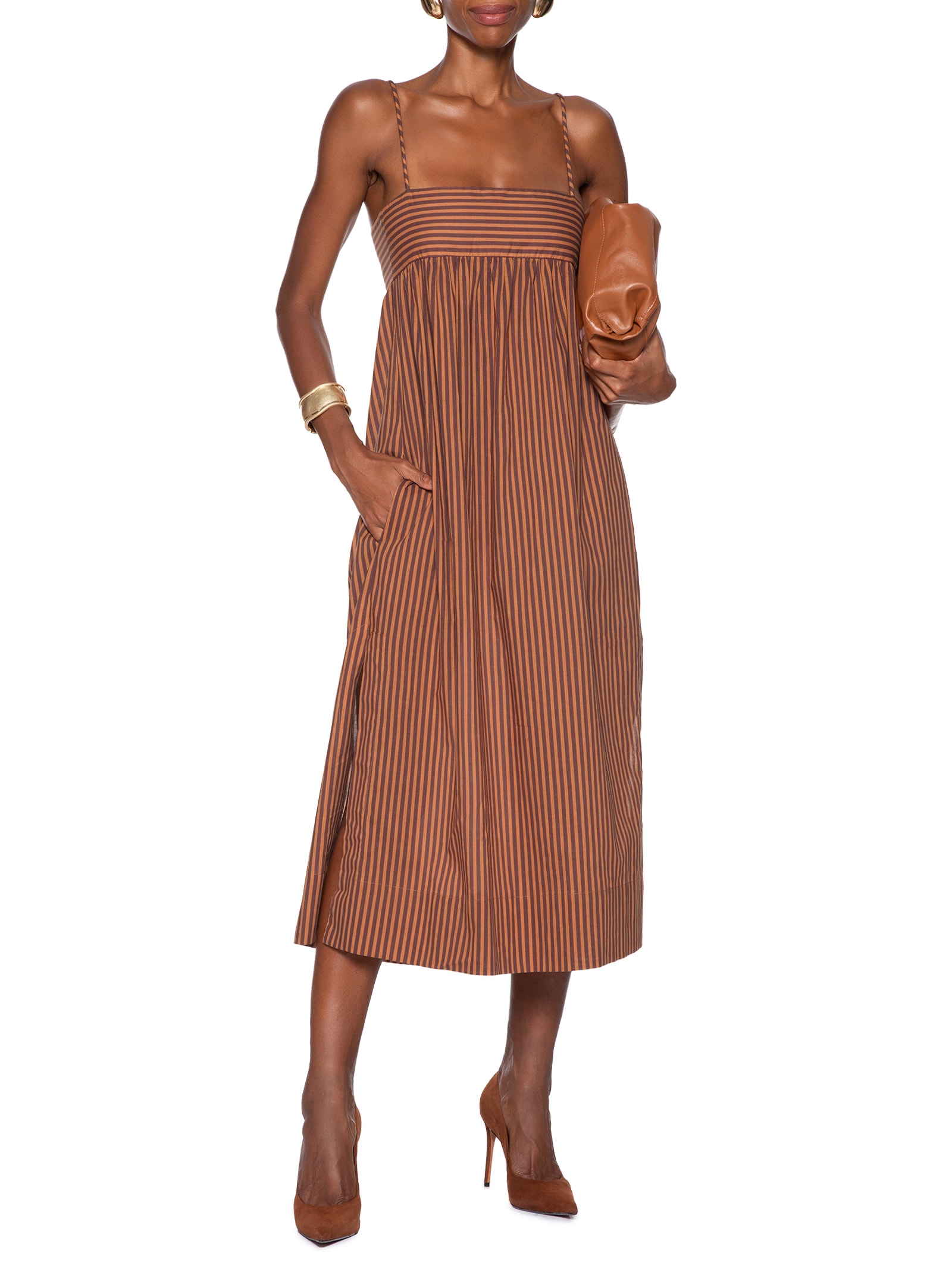 Vestido Devoil De Algodão Midi Top Faixa Listrado Laranja Animale