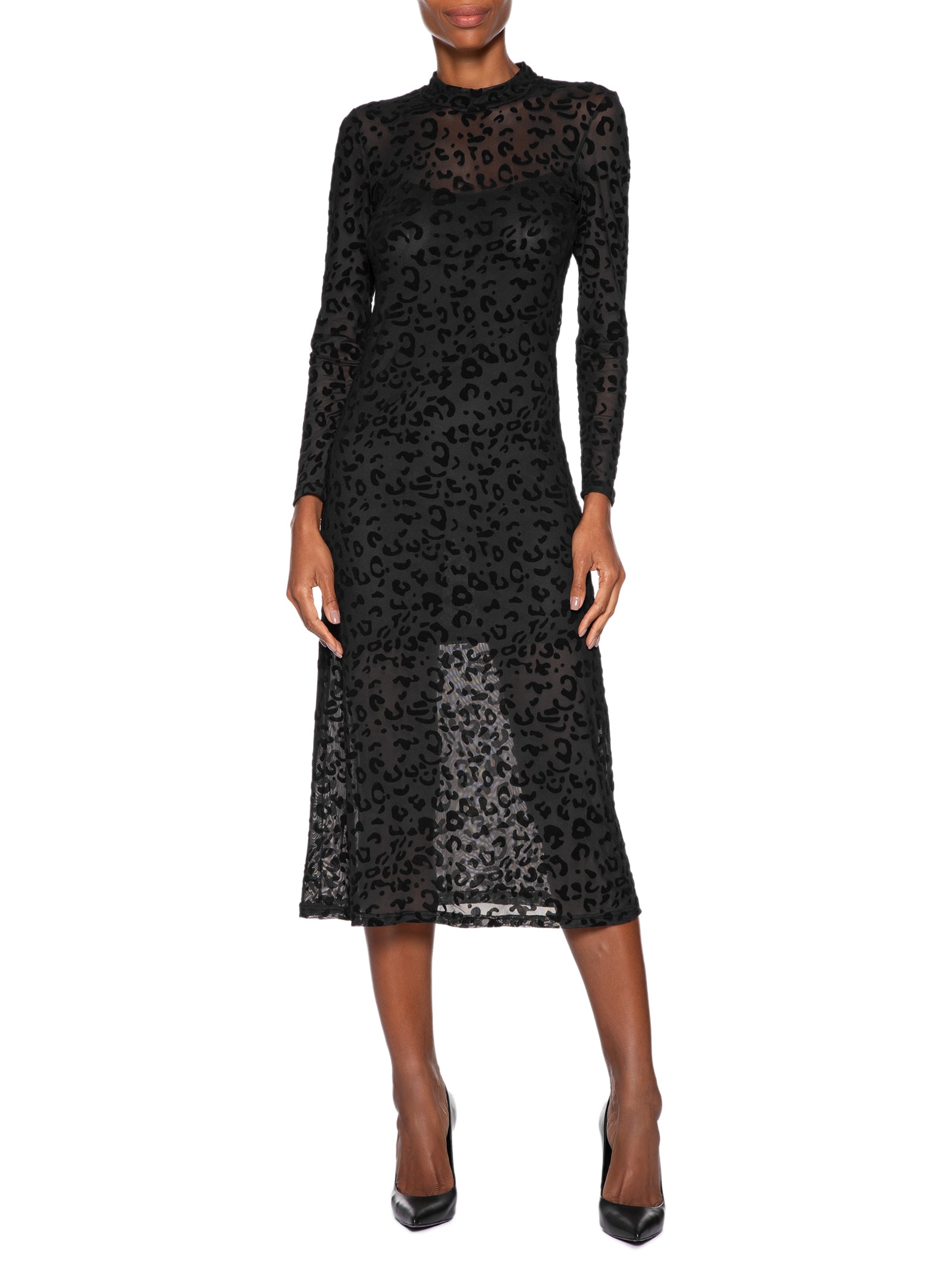 Vestido Devorê Onça Manga Longa Preto Animale Jeans