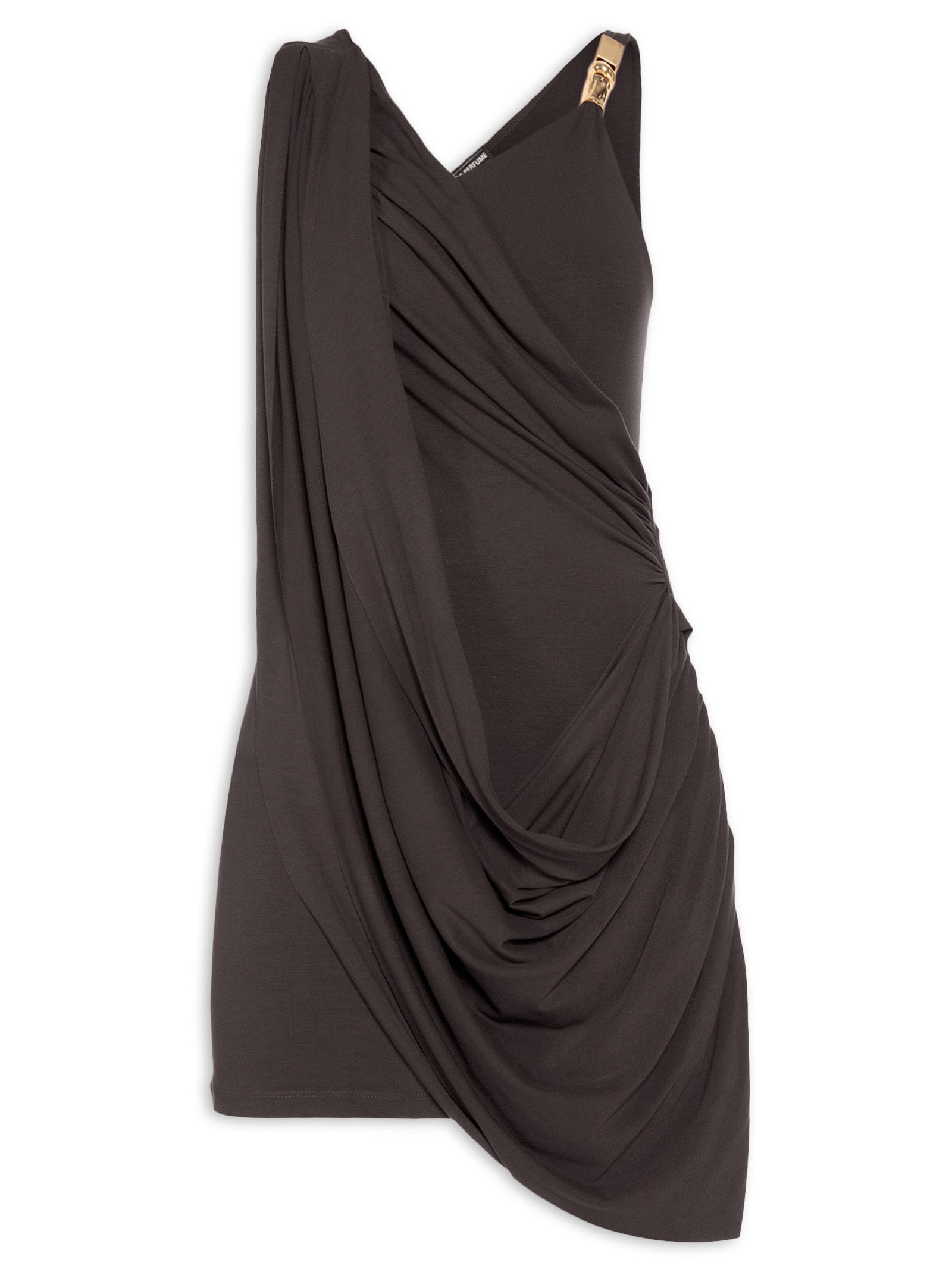 Vestido Drapeado Curto Assimétrico Marrom Lança Perfume