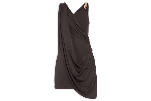 Vestido Drapeado Curto Assimétrico - Marrom