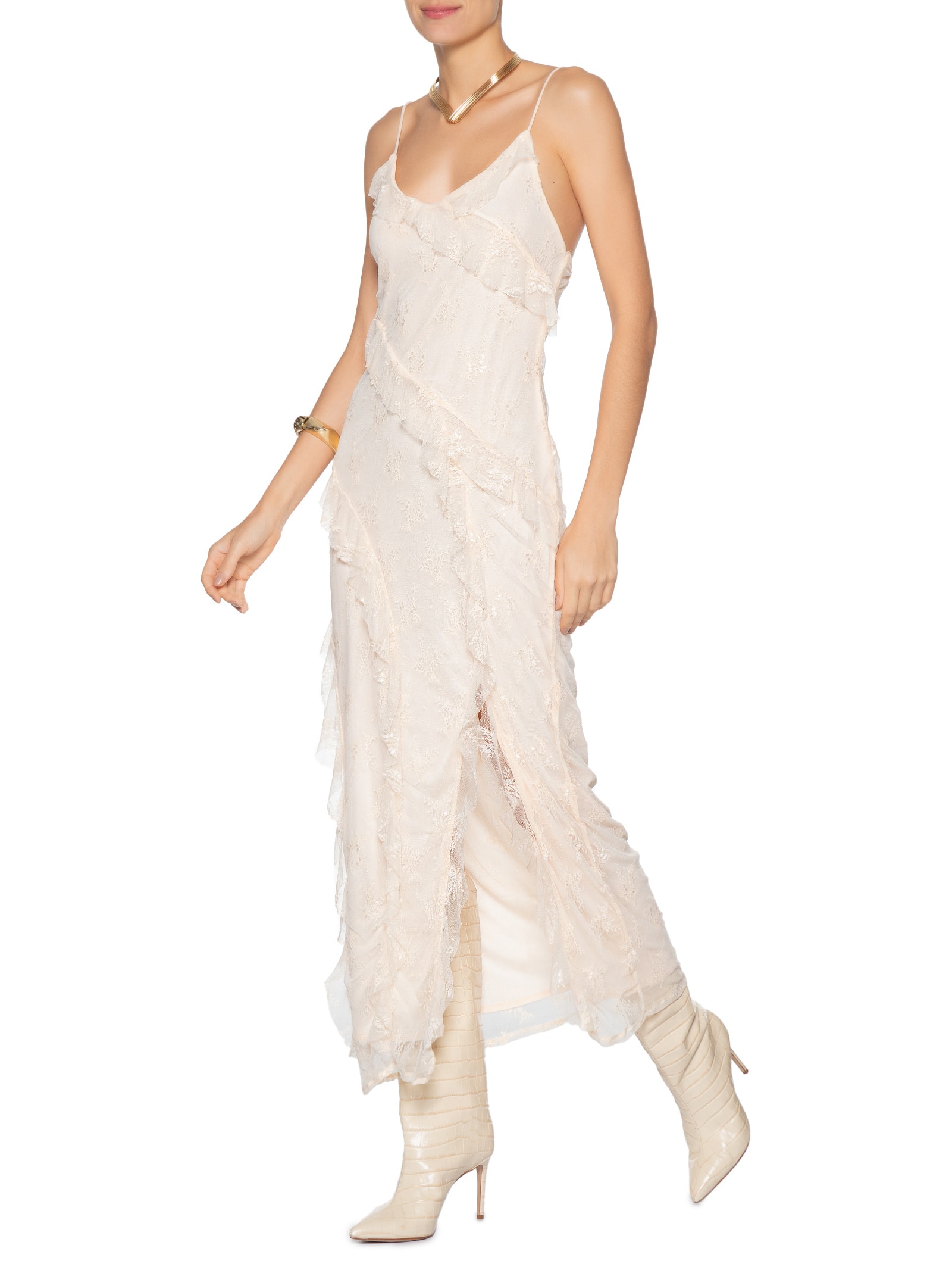 Vestido Em Renda Com Babados Bege Market 33