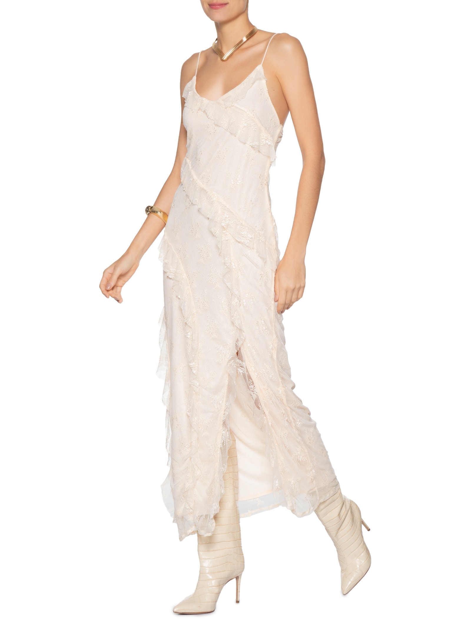 Vestido Em Renda Com Babados Bege Market 33