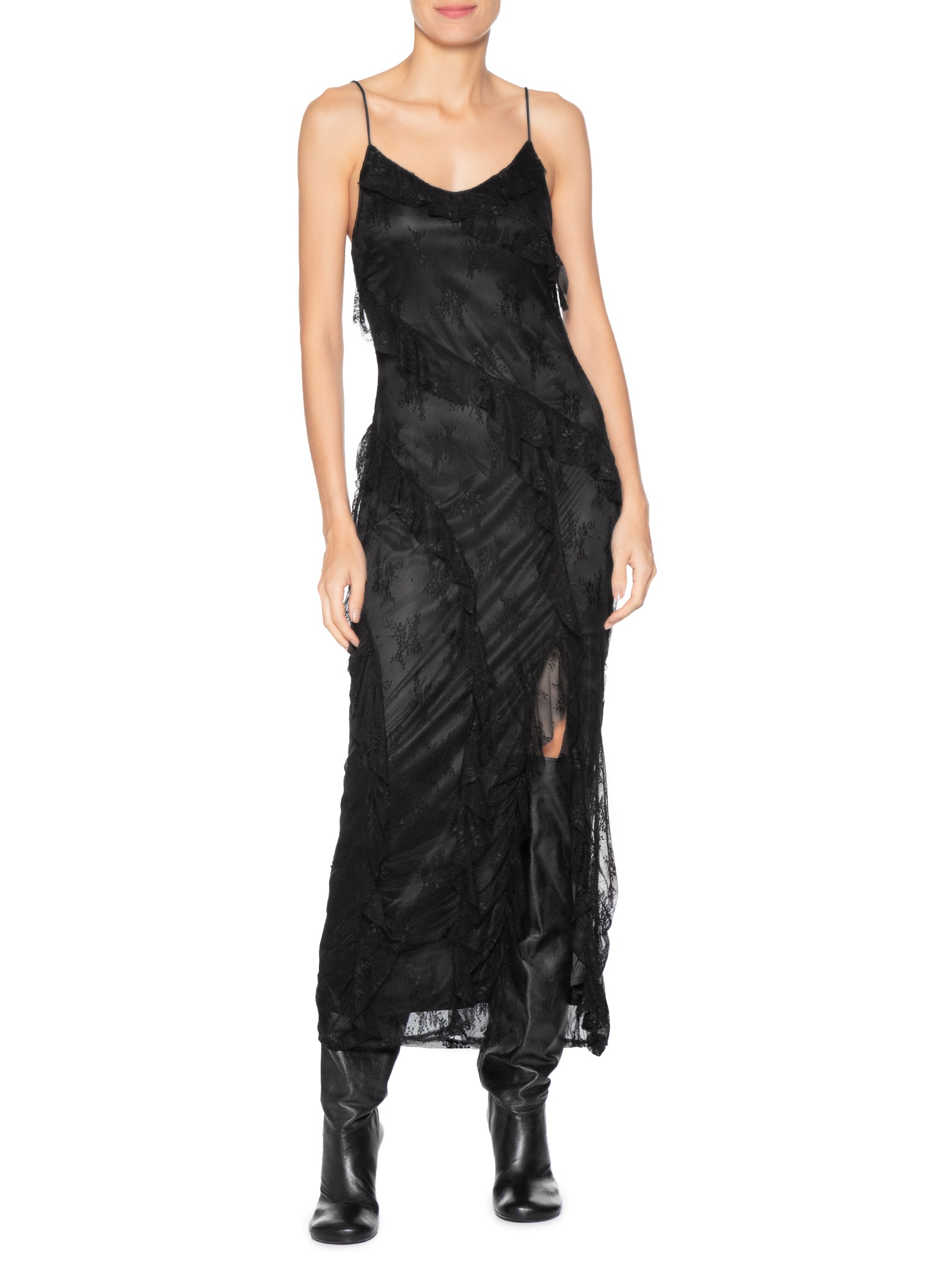 Vestido Em Renda Com Babados Preto Market 33