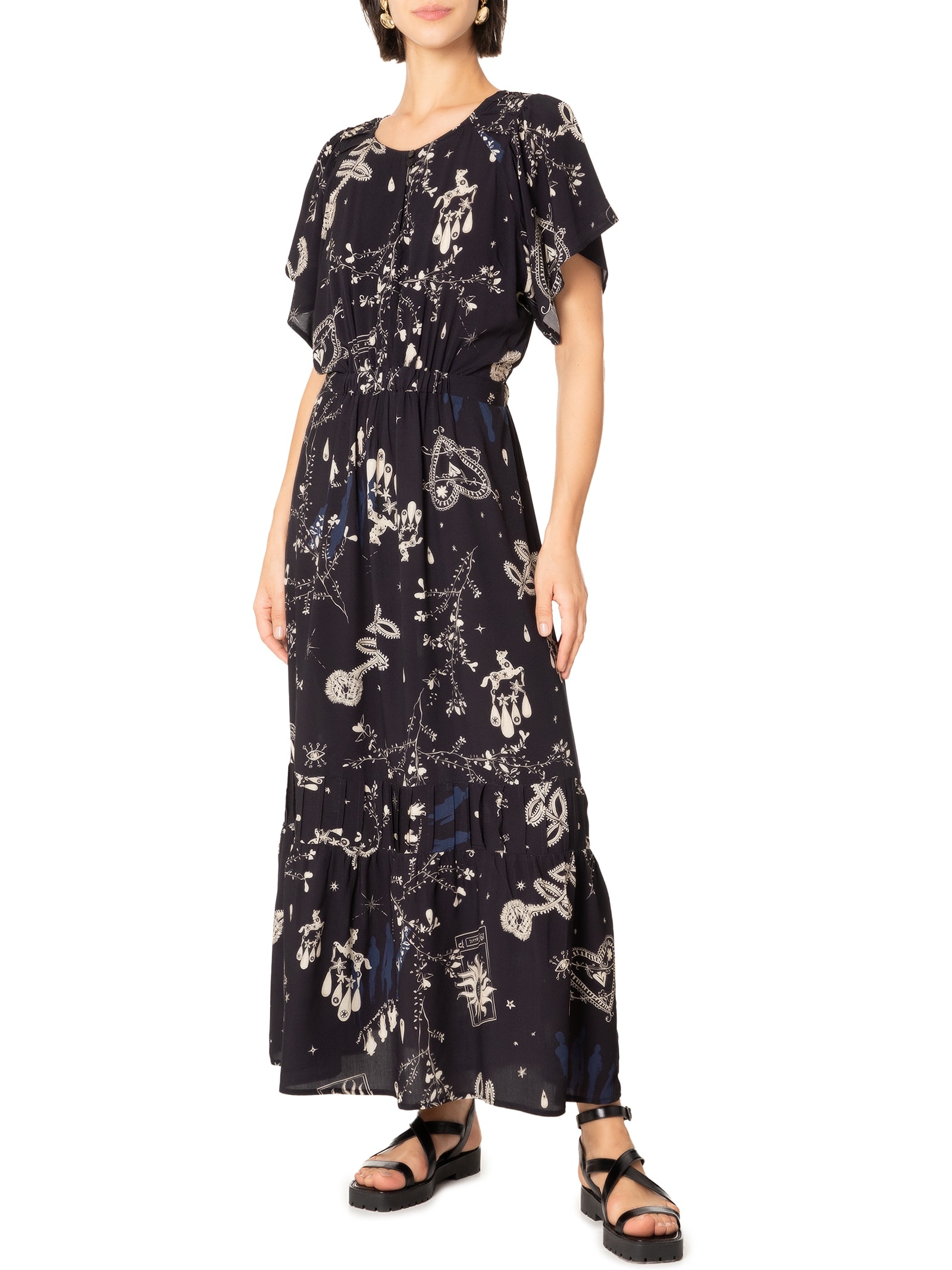 Vestido Estampa Estava Escrito Preto Cantão