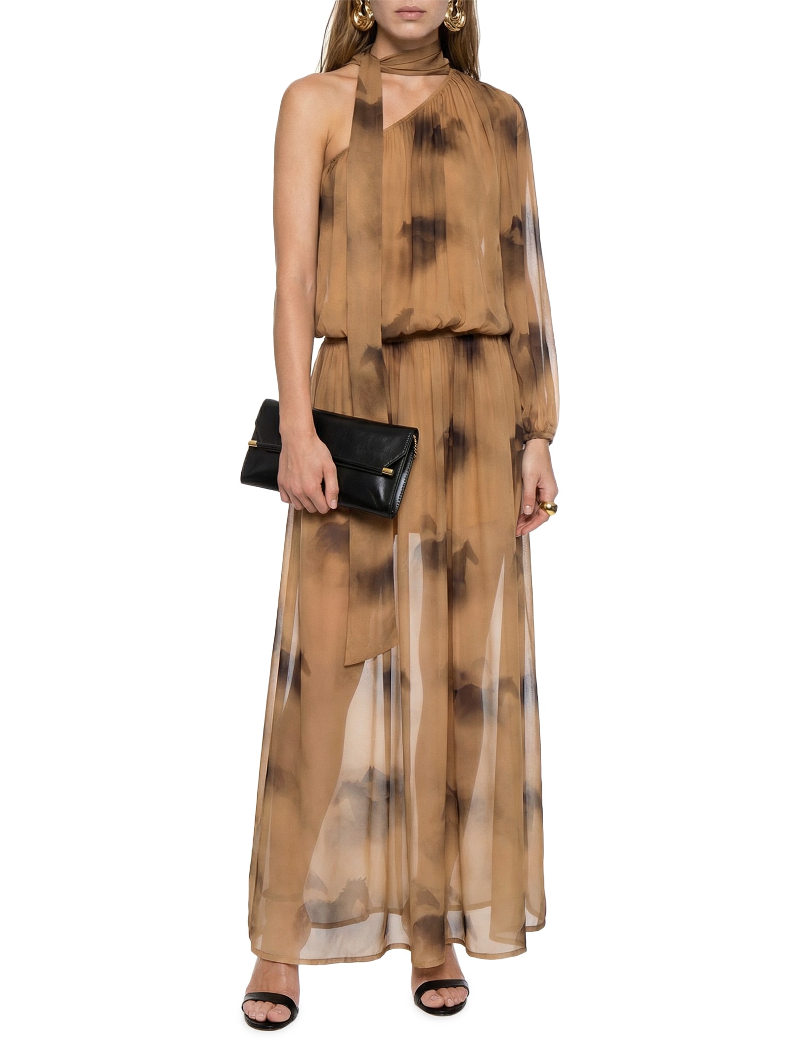 Vestido Estampado Marrom Open