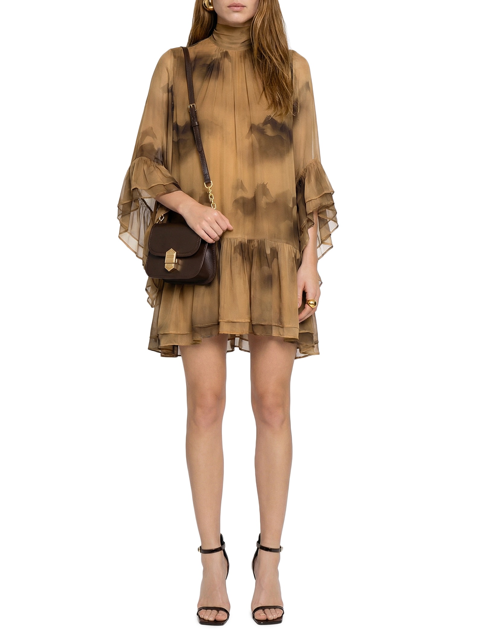 Vestido Estampado Marrom Open