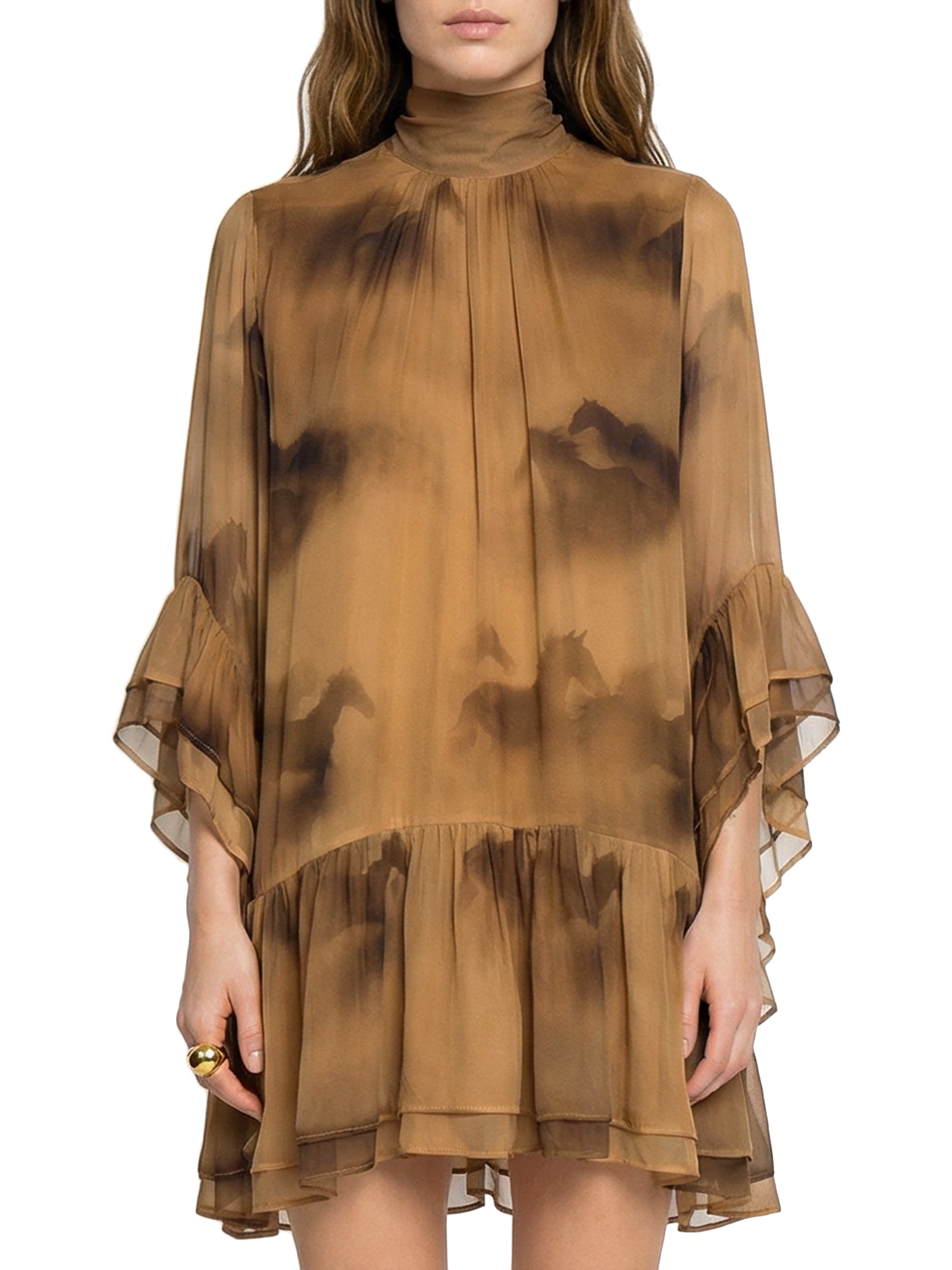 Vestido Estampado Marrom Open