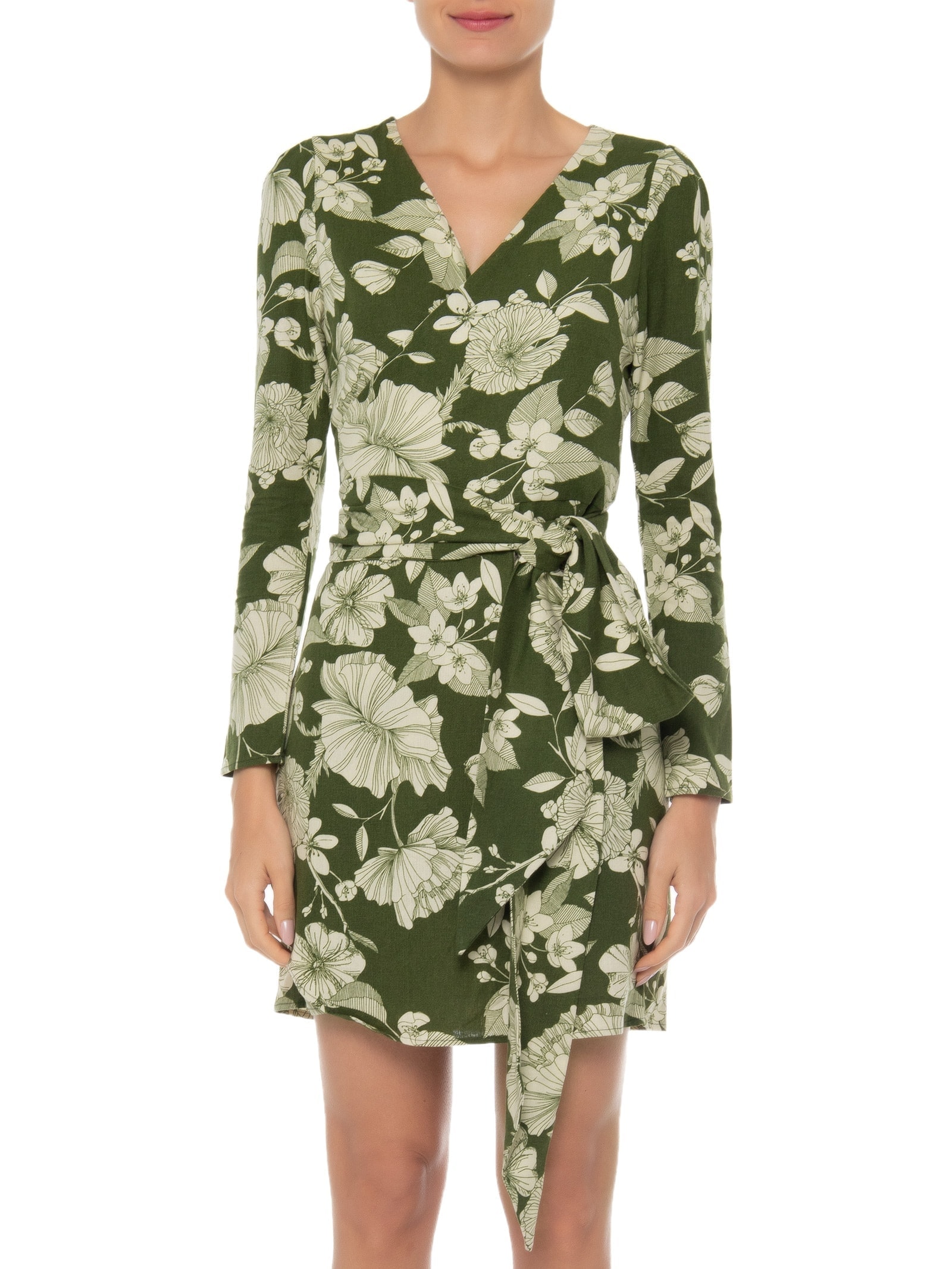 Vestido Feminino Curto Amarração Linho Misto Estampado Verde '2Essential