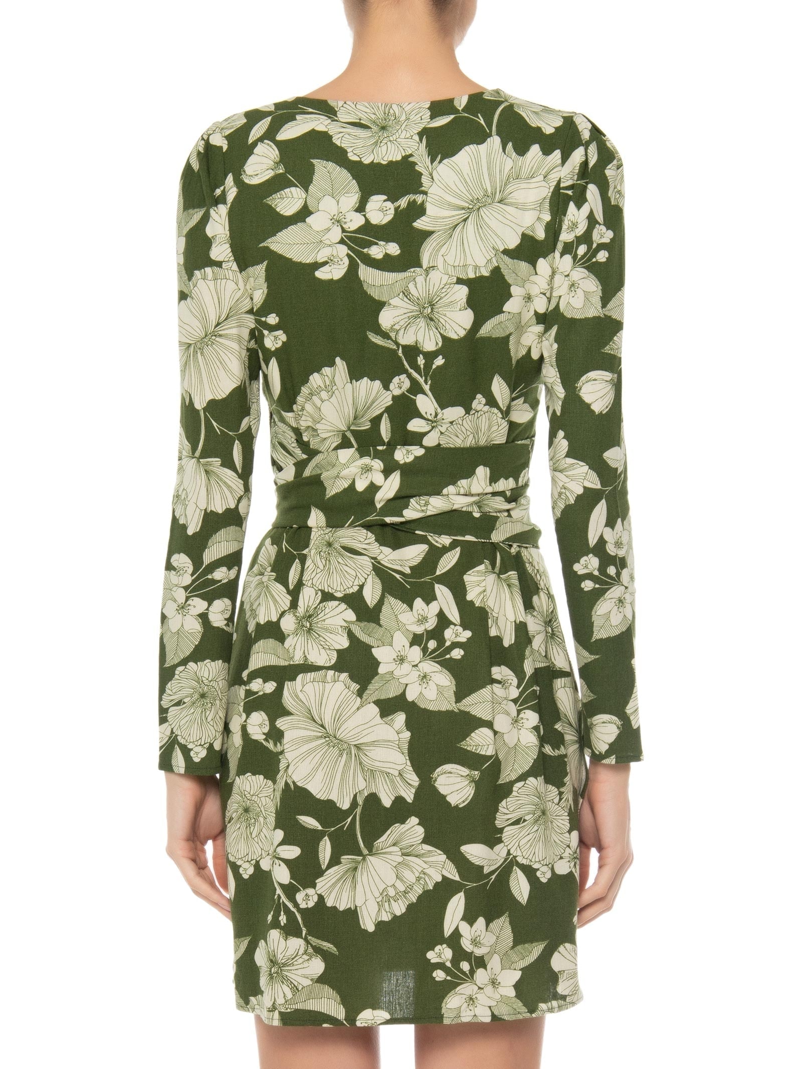 Vestido Feminino Curto Amarração Linho Misto Estampado Verde '2Essential