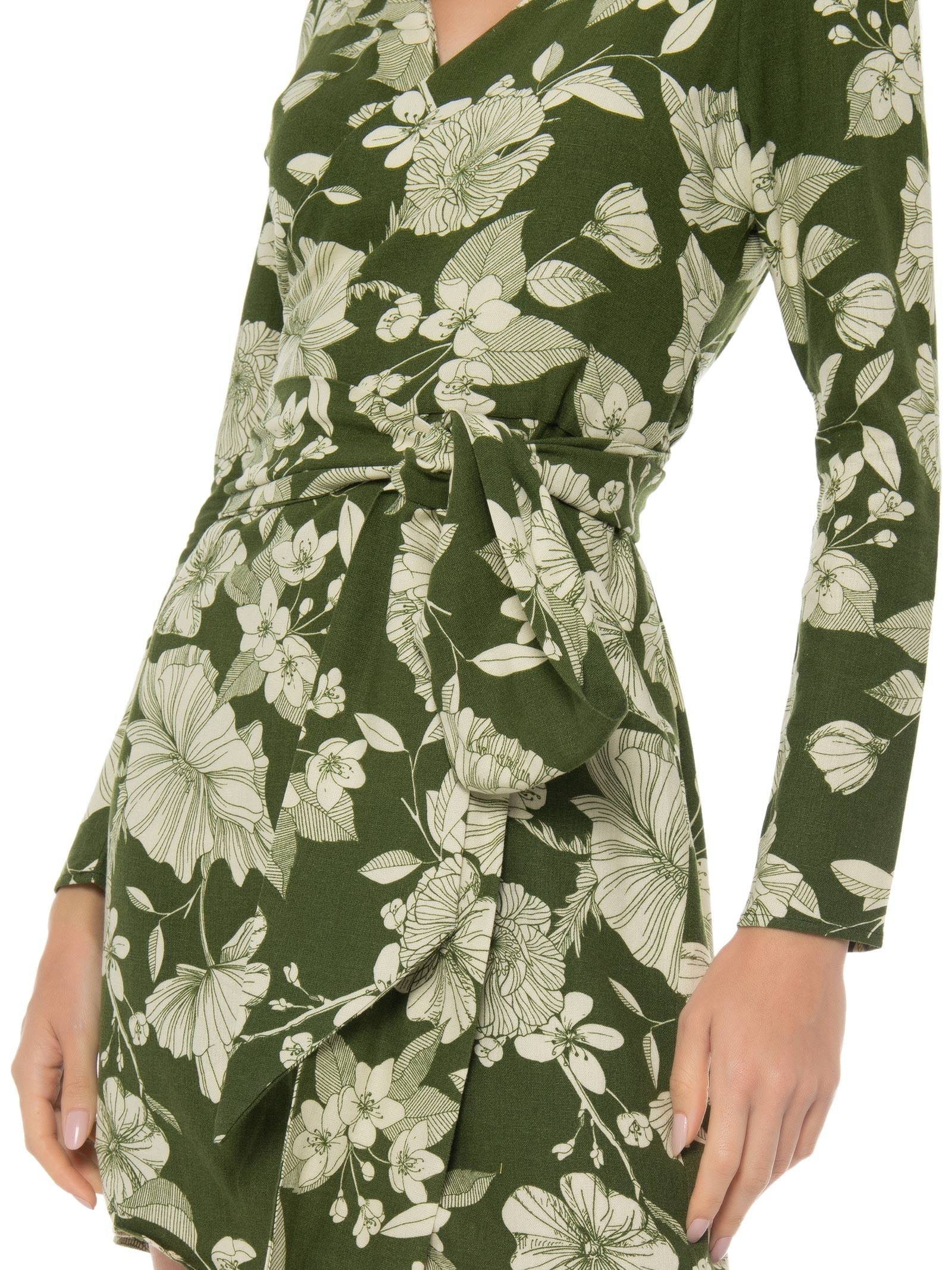 Vestido Feminino Curto Amarração Linho Misto Estampado Verde '2Essential